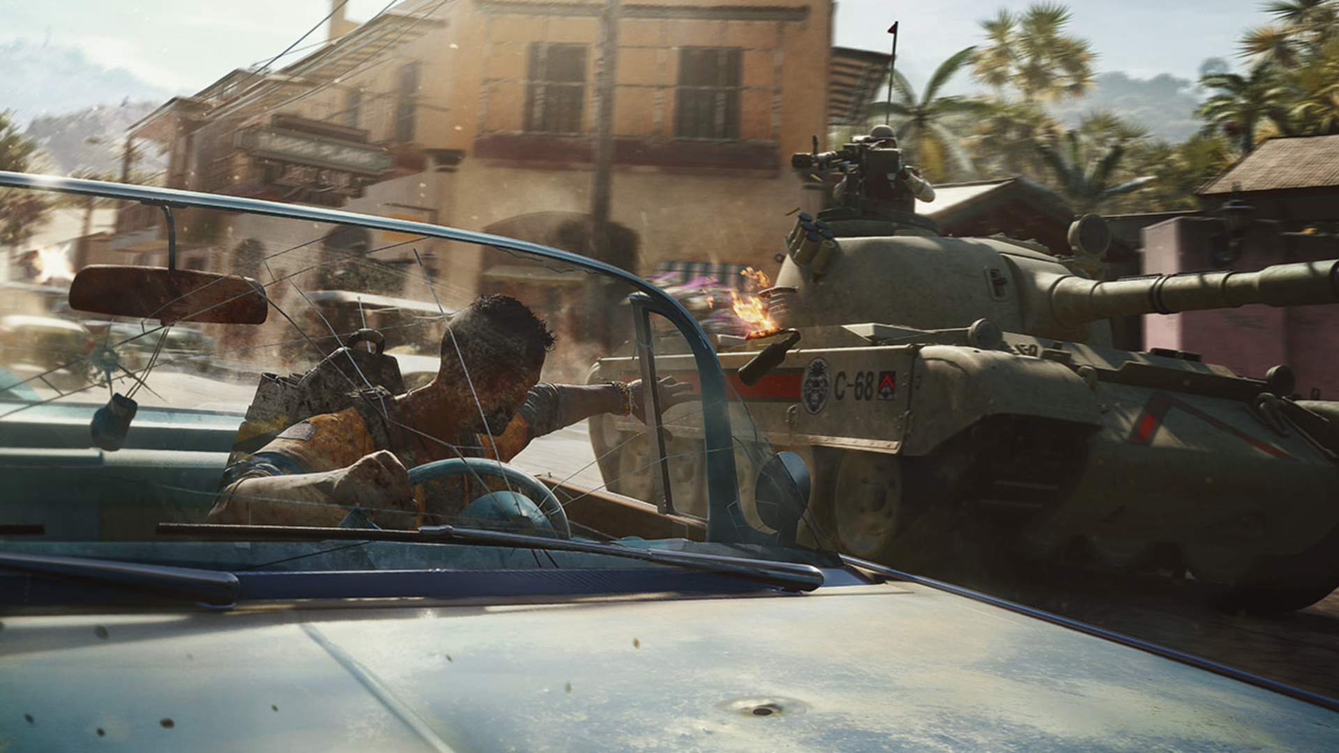 Video game screenshot of a person throwing a molotov cocktail from a car toward a tank