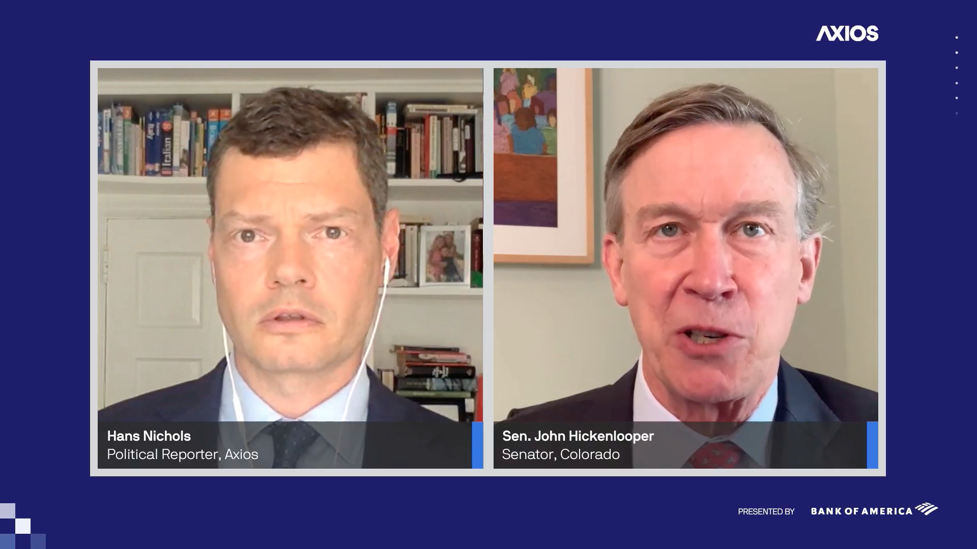 Screenshot of an Axios event with Hans Nichol and John Hickenlooper in the same frame
