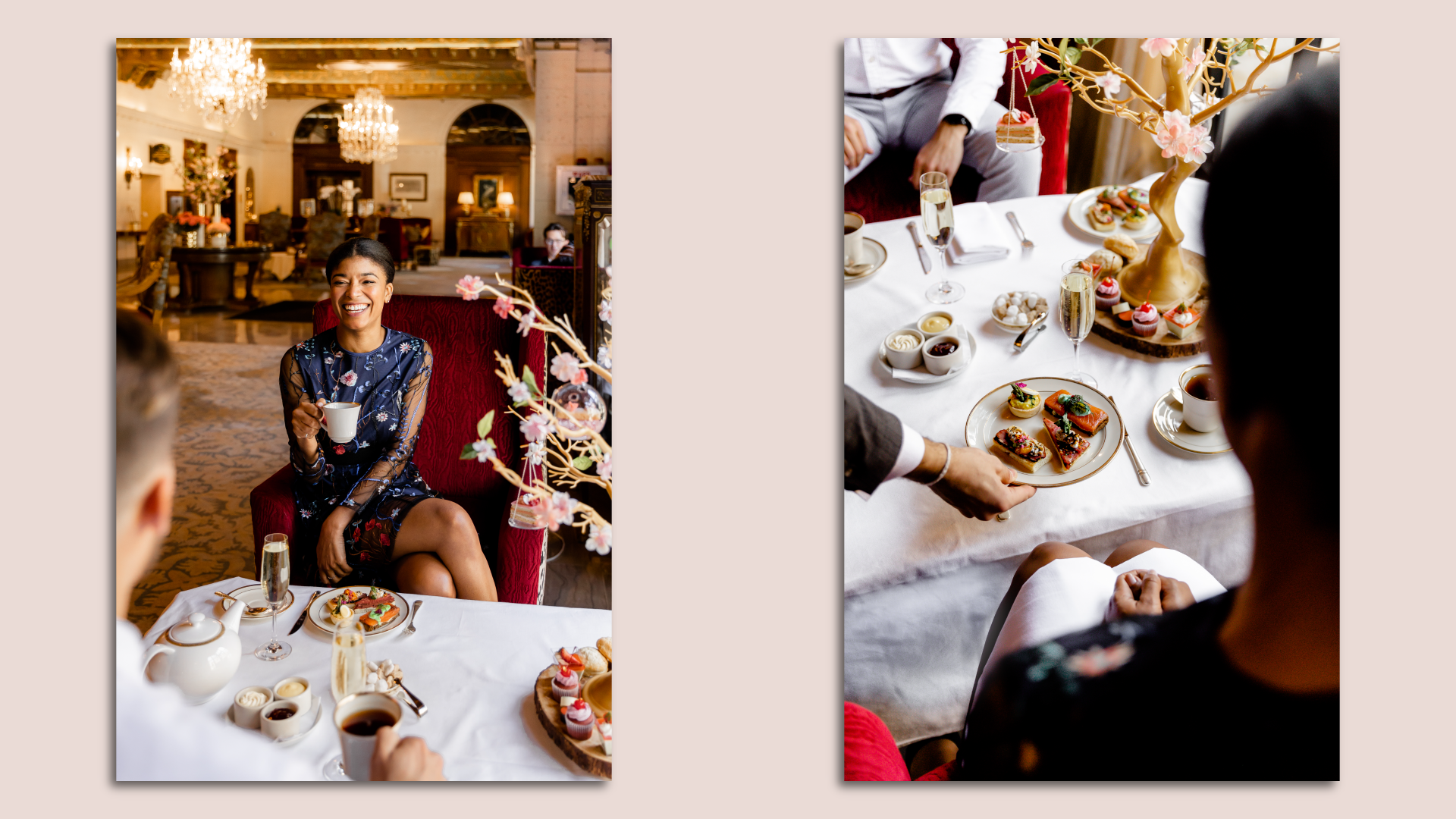 A woman sits at a white tablecloth table at the St. Regis with afternoon tea