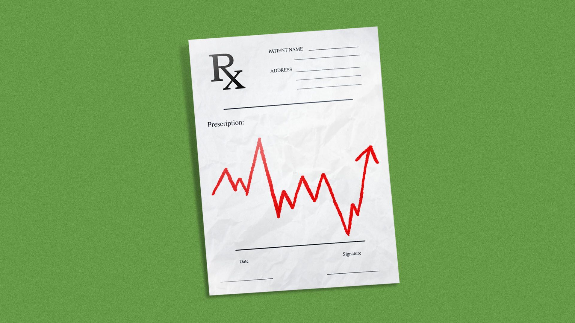 Illustration of a doctor's prescription pad with a red trend line written on it