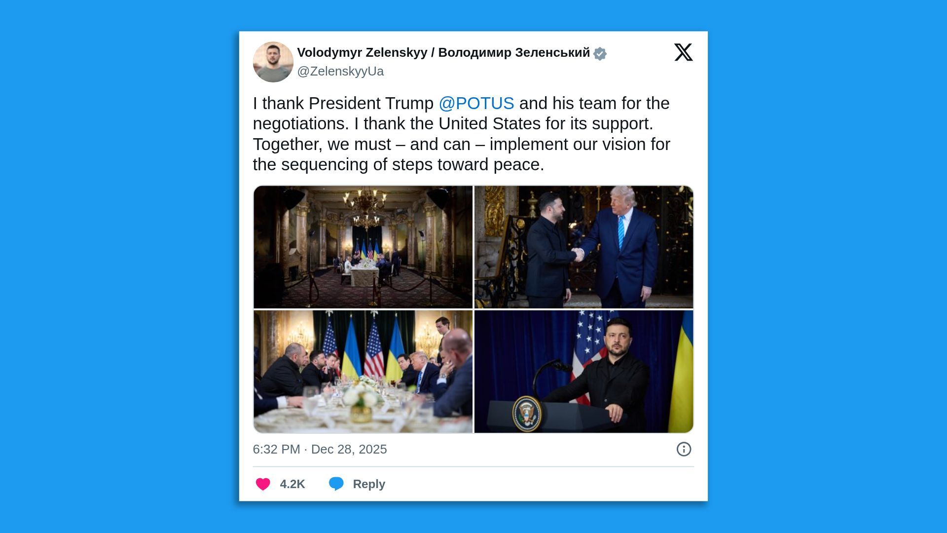 Volodymyr Zelenskyy'nin, Başkan Trump'a (@POTUS) ve ekibine müzakereler ve ABD desteği için teşekkür ettiği, toplantıları, el sıkışmaları ve Zelenskyy'nin kürsüde konuşmasını gösteren dört görsel içeren tweet'i.