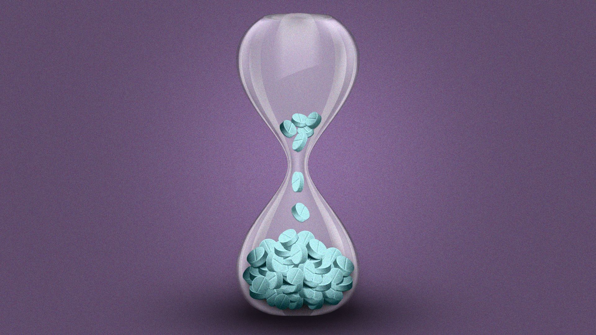 Illustration of an hourglass full of pills that have almost run out.