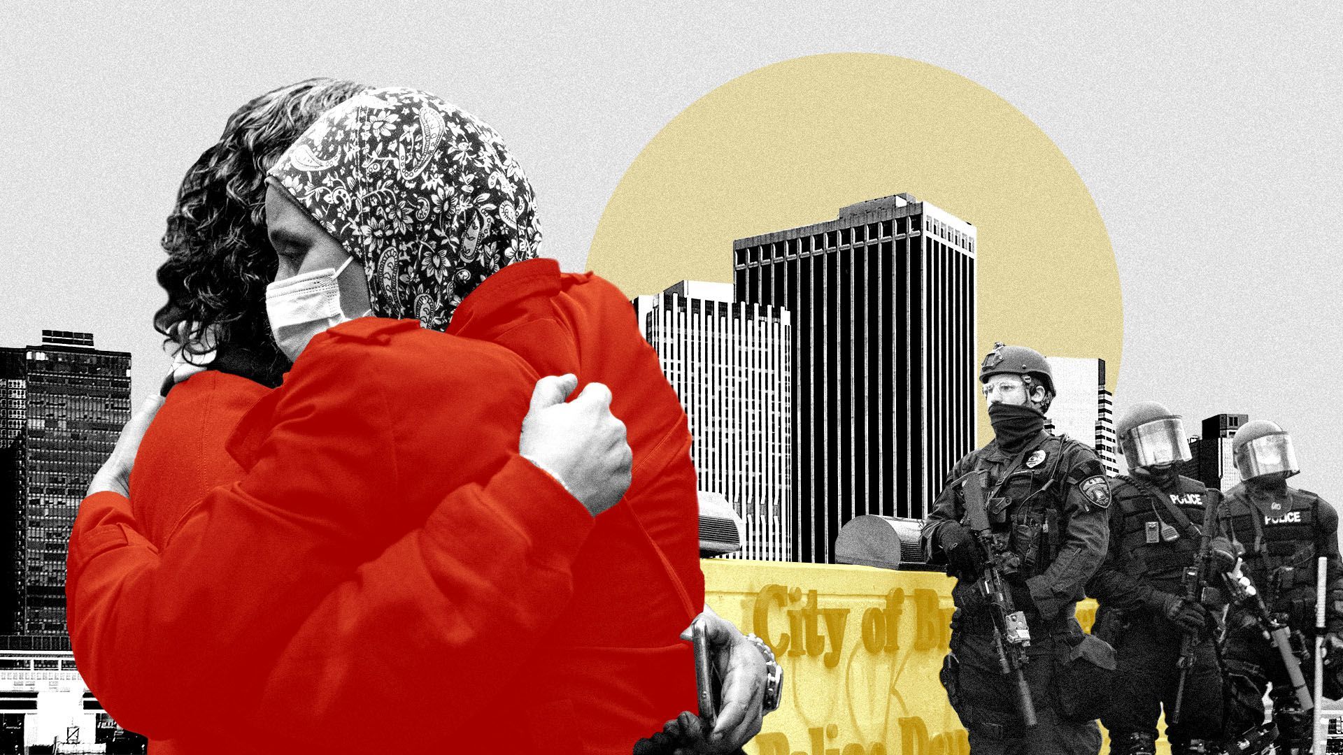 Photo illustration of a city skyline with gun violence victims embracing in the foreground and police in the background