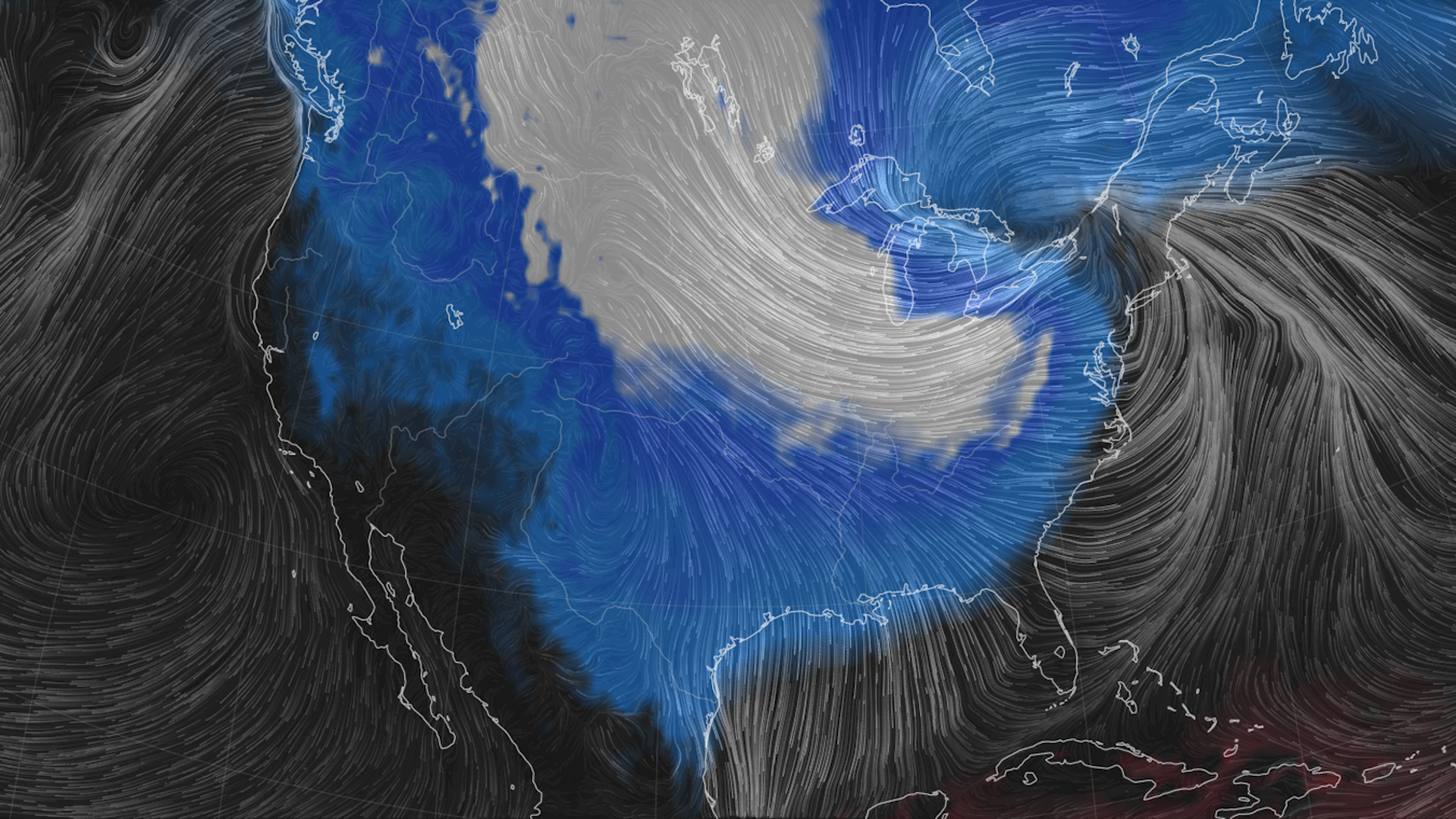 Map of surface air pressure and the misery index, with white colors showing the coldest wind chills.