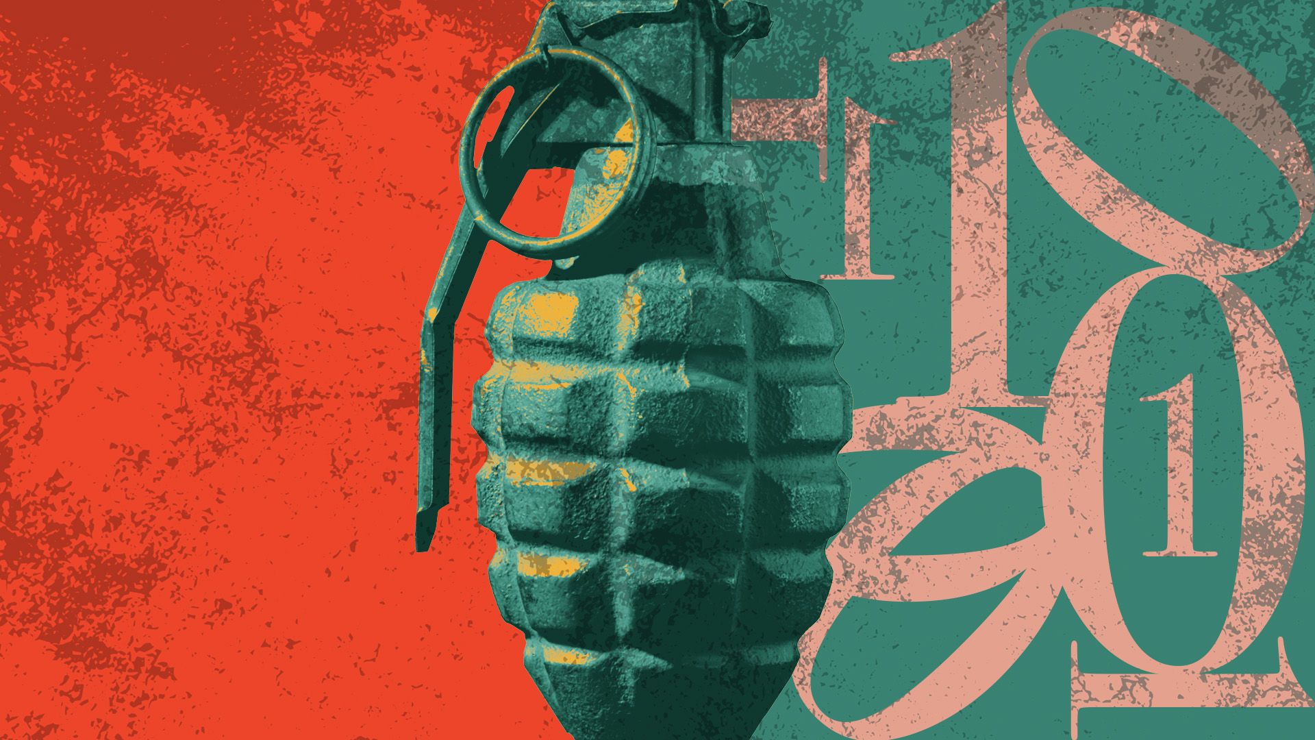 Illustrated collage of a grenade with a pattern of binary code next to it
