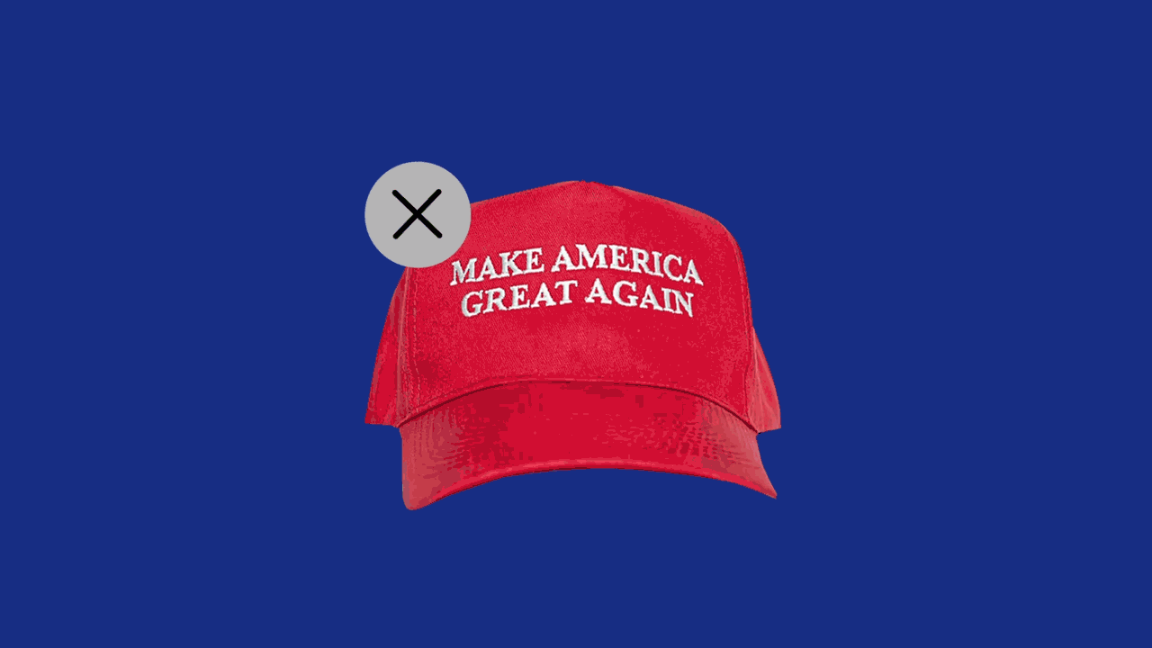Animated illustration of wiggling Make America Great Again (MAGA) hat with a delete button