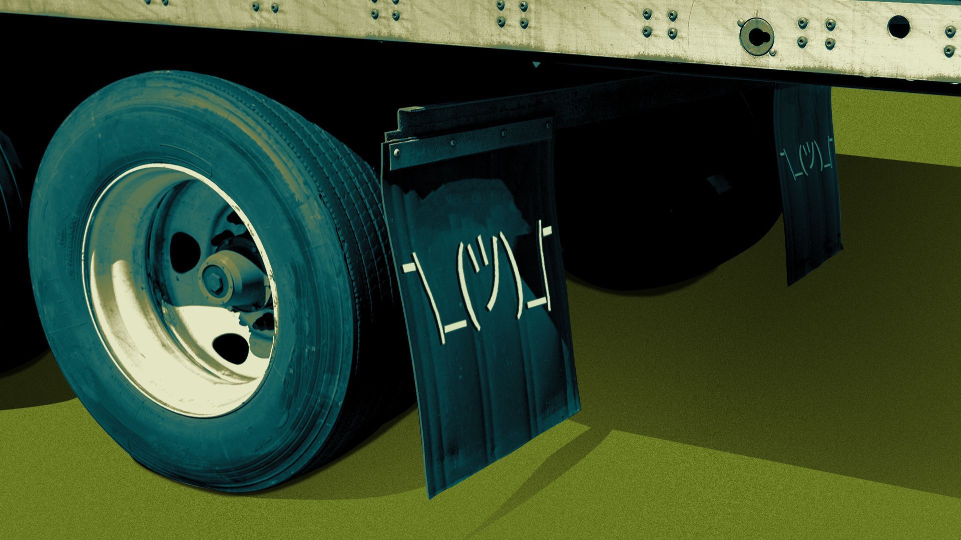 Illustration of an 18-wheeler's mudflap with a shrug emoji on it. 