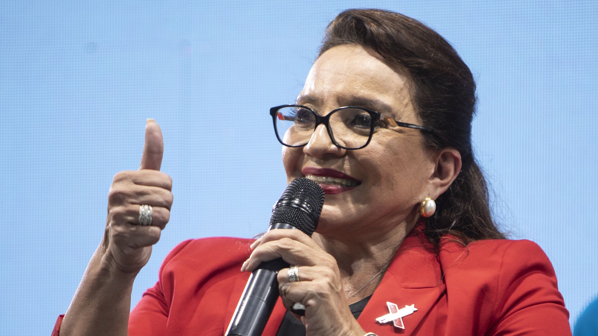 Xiomara Castro, then-Presidential Candidate of the Libertad y Refundacion (Libre) Party, celebrates during general elections on November 28, 2021 in Tegucigalpa, Honduras.
