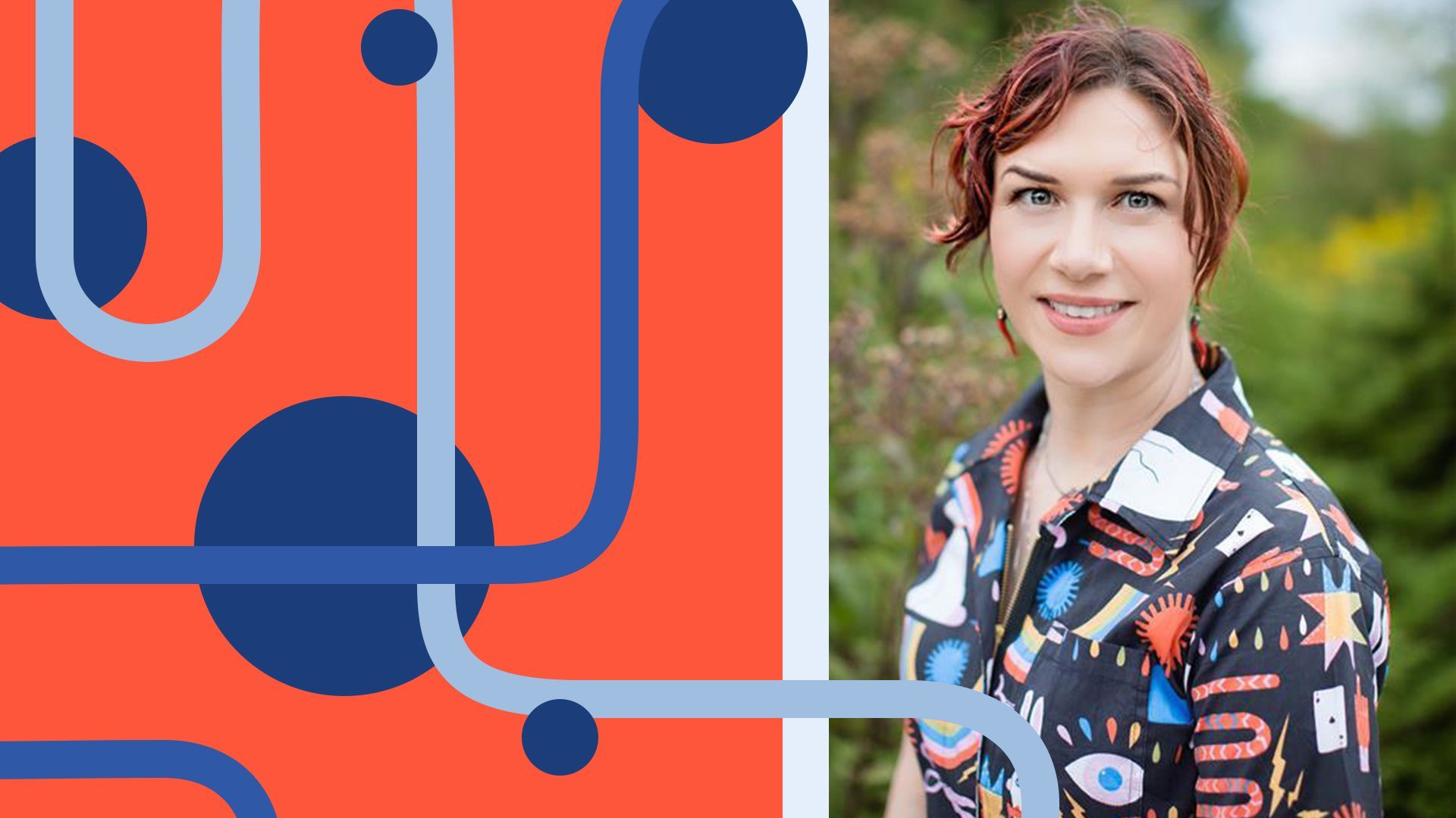 Photo illustration of Chelsea Blasko surrounded by abstract lines and circles. 