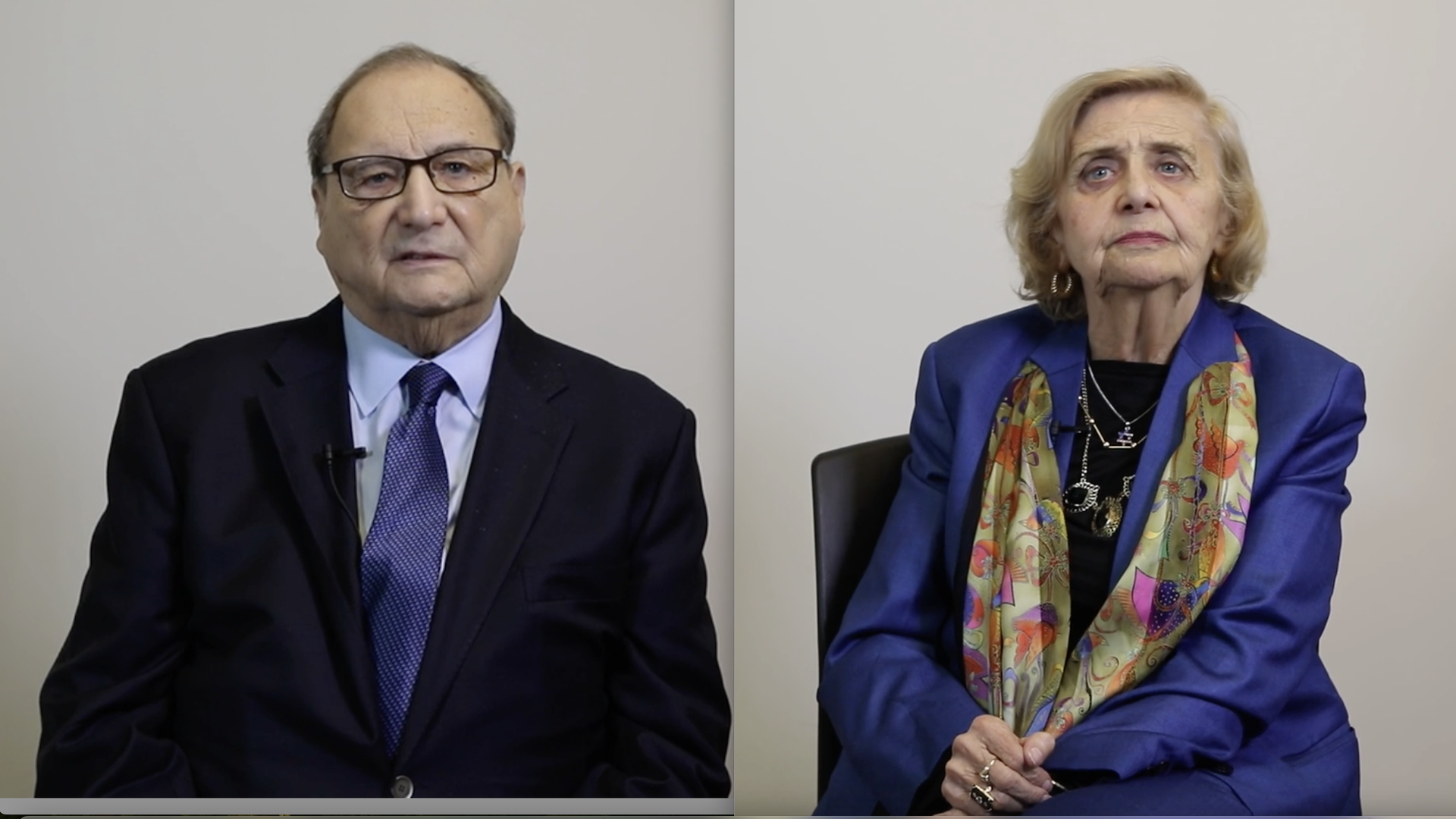 Holocaust survivors  Abe Foxman and Tova Friedman are shown side-by-side as they read Holocaust denial social media posts.