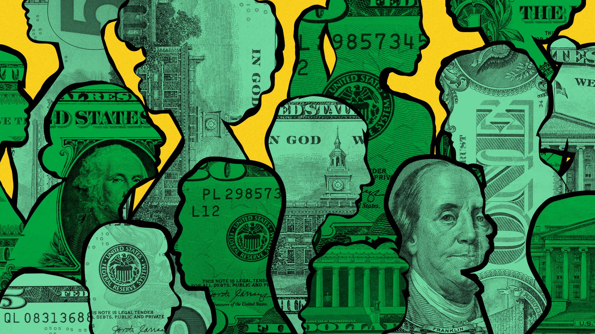 Illustration of multiple silhouettes of people containing money.