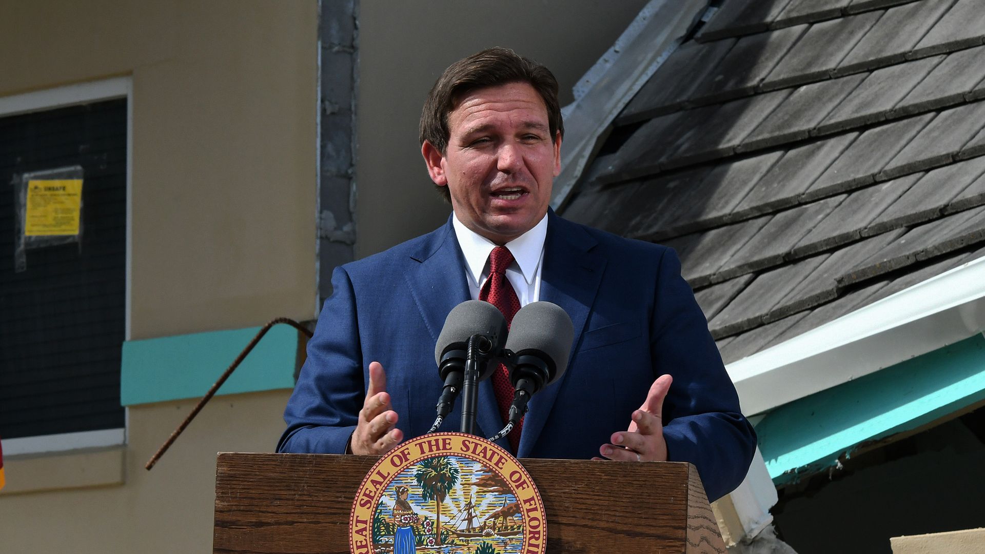 Florida Gov. Ron DeSantis speaks at a press conference to announce the award of $100 million for beach recovery following Hurricanes Ian and Nicole in Daytona Beach Shores in Florida