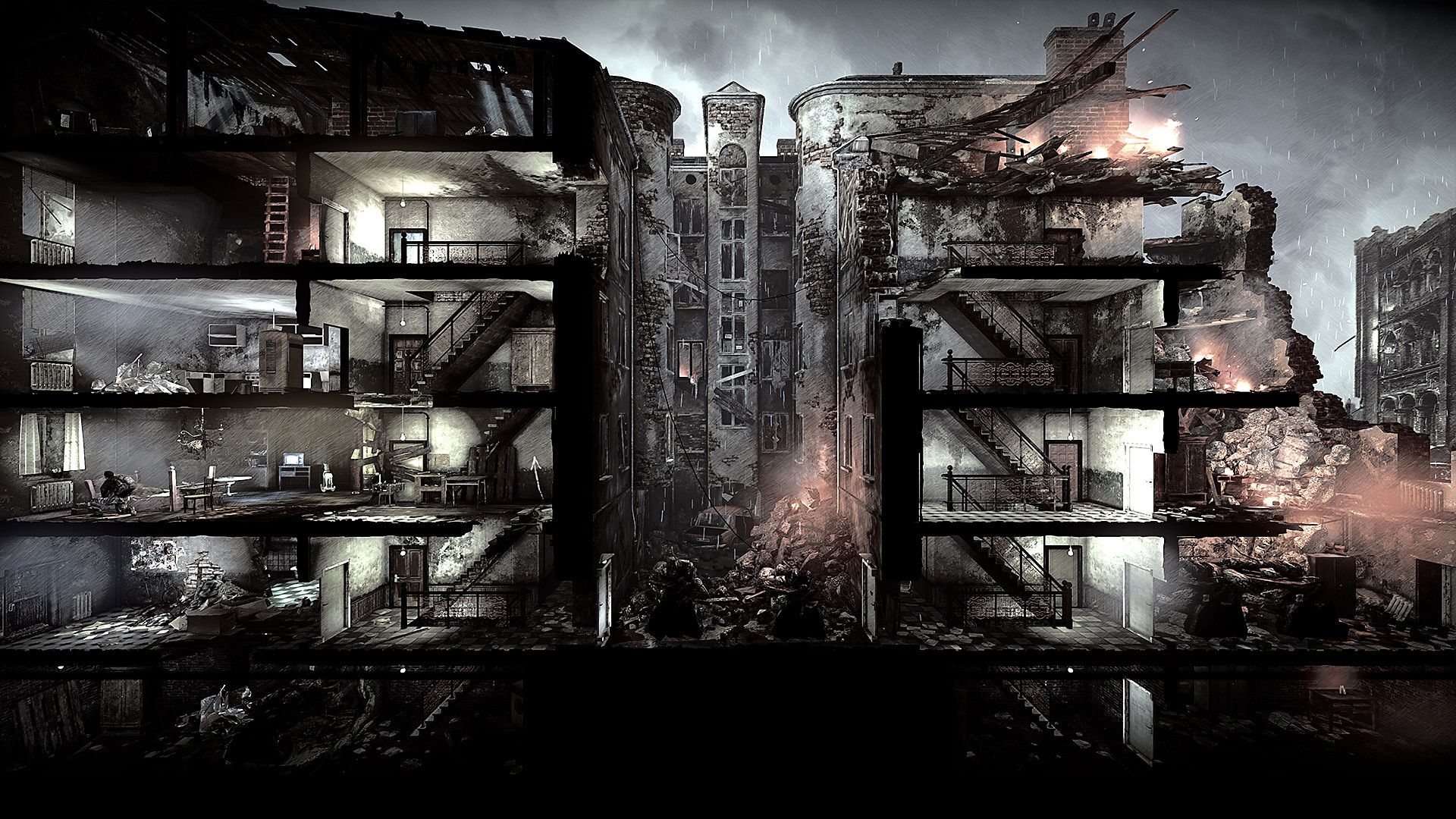 Cross-section view of a war-torn residential building