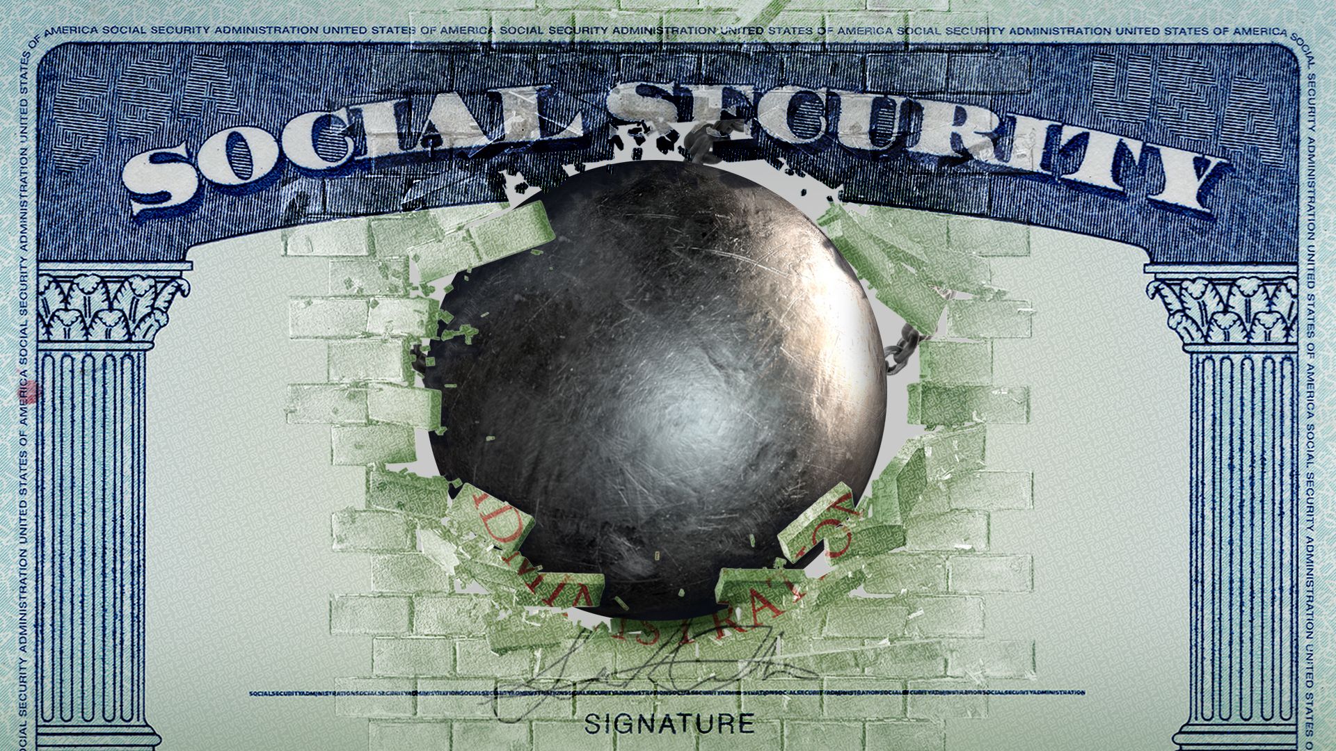 Illustration of a Social Security card with a wrecking ball breaking through it as if it's a brick wall