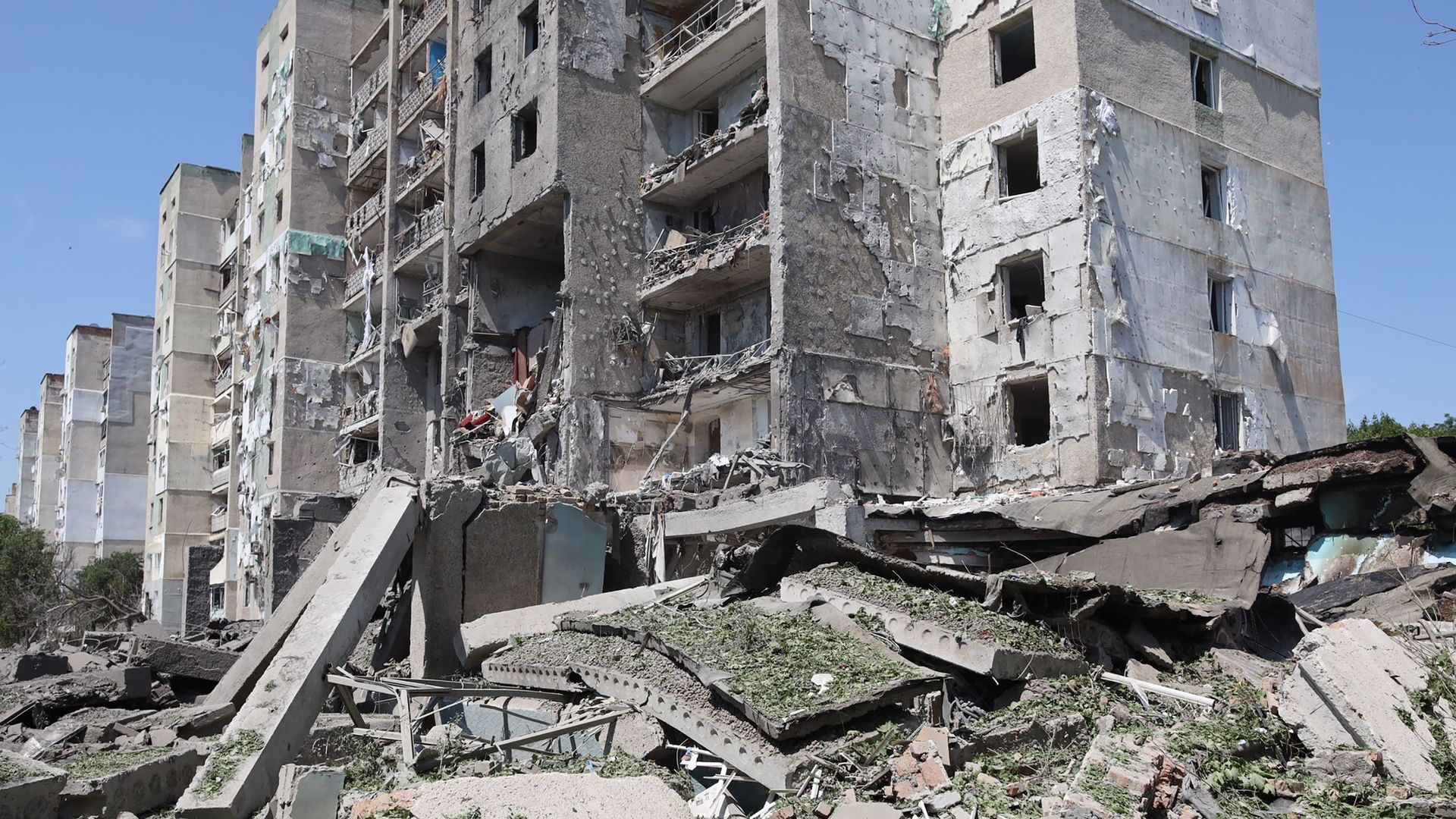 This photograph taken on July 1, 2022, shows a general view of a destroyed building after being hit by a missile strike in the Ukrainian town of Serhiivka, near Odessa.