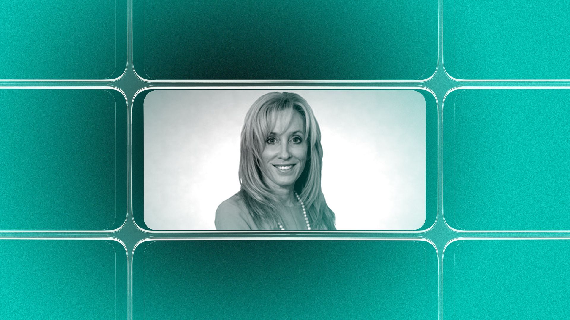 Photo illustration of a grid of smartphone screens, the center one showing an image of Jane Floyd.