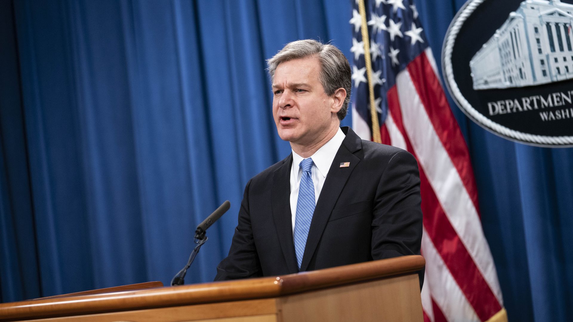 FBI Director Christopher Wray speaks during a virtual news conference at the Department of Justice on October 28, 2020 in Washington, DC.