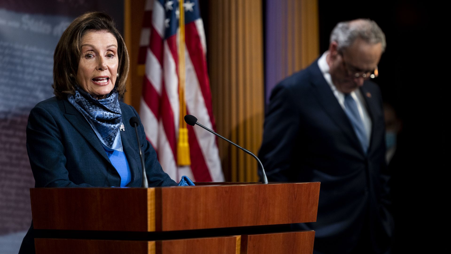 Speaker of the House Nancy Pelosi, D-Calif.,and Senate Minority Leader Chuck Schumer, D-N.Y., hold a socially distanced press conference in the Capitol