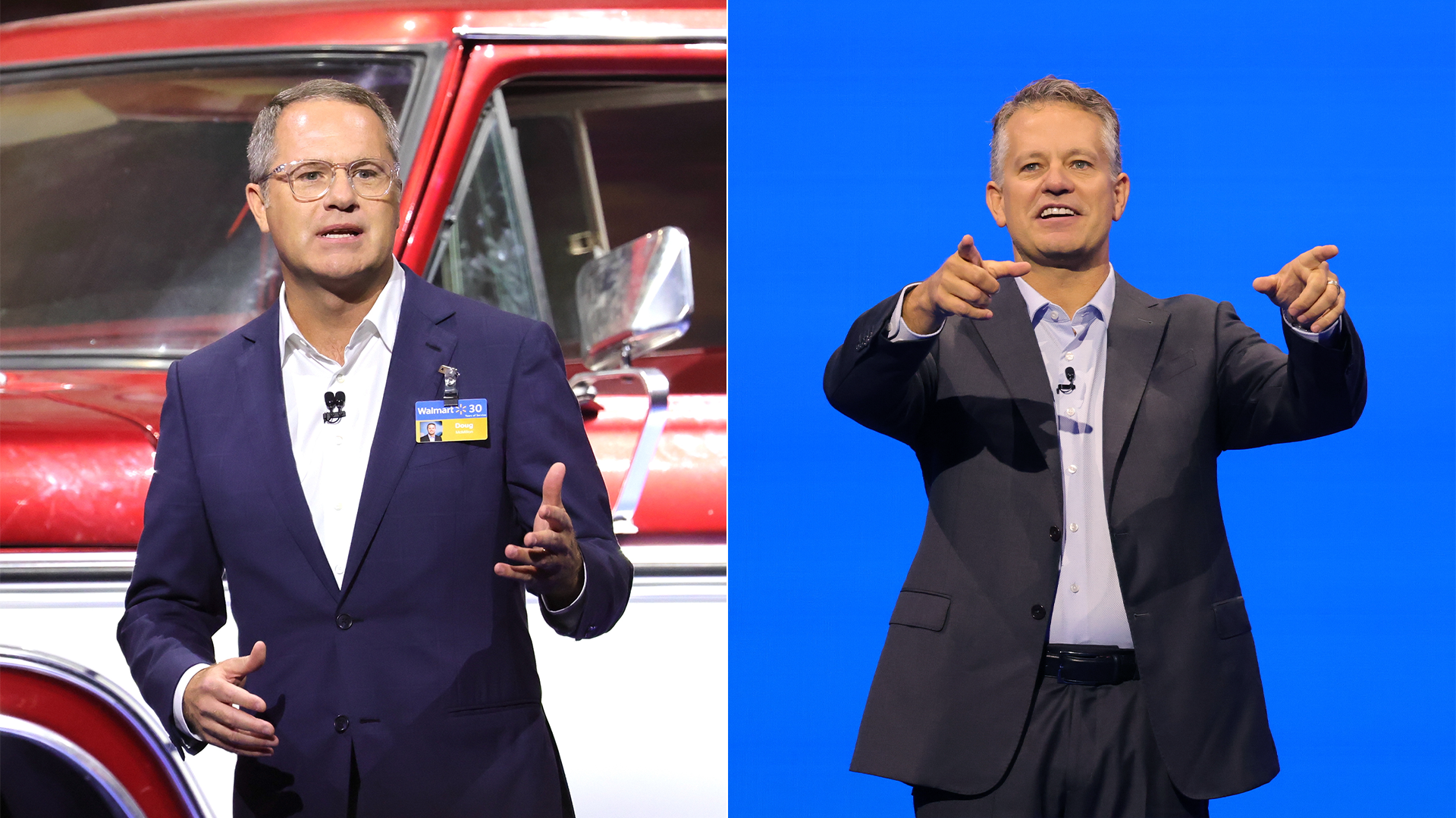 Two men in suits giving presentations. Left man stands in front of a red vintage car, wearing glasses and a Walmart name tag. Right man points towards the audience with a blue background.