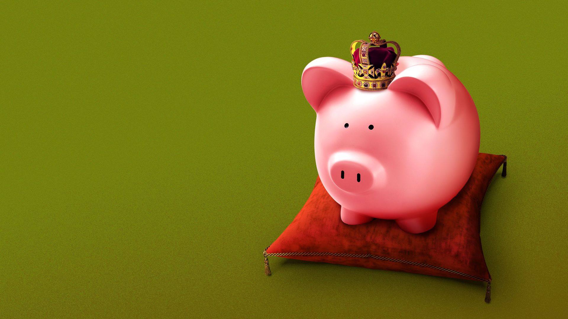 Illustration of a piggy bank wearing a crown and sitting on a cushion. 