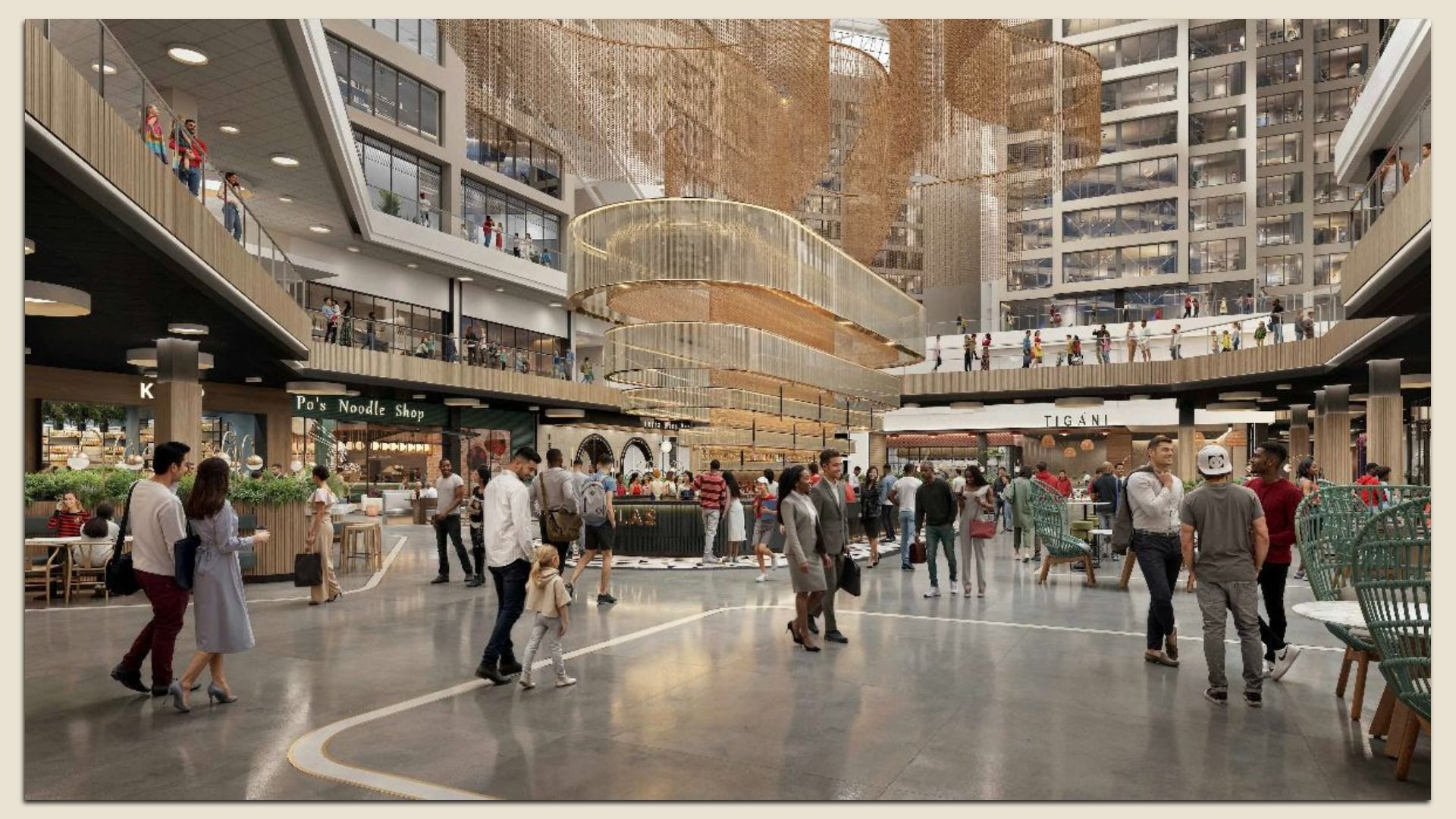 A rendering of a modern shopping mall interior with crowds, hanging gold chain decorations, multiple levels, shops, offices overlooking the atrium and and people walking and socializing in varied attire.