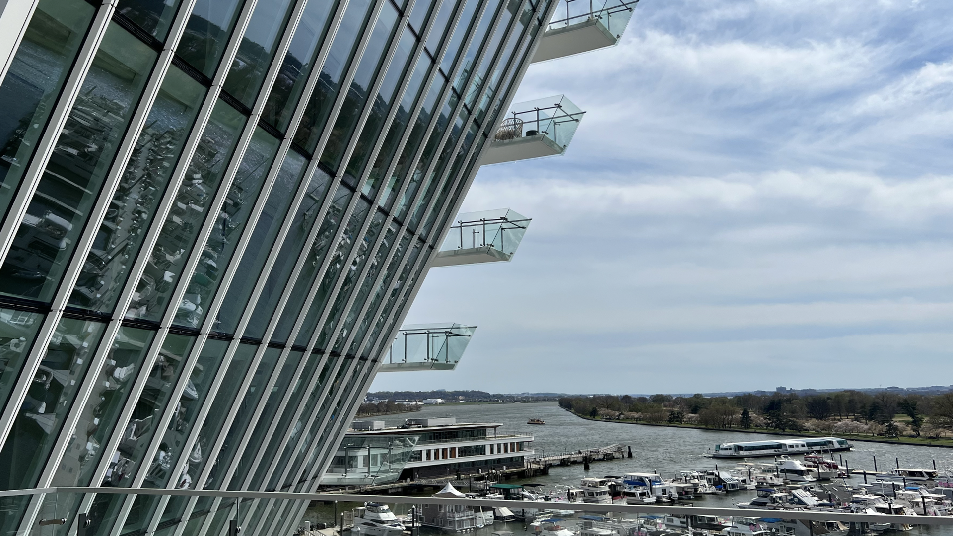 The outside of the Amaris building overlooking the Wharf waterfront.