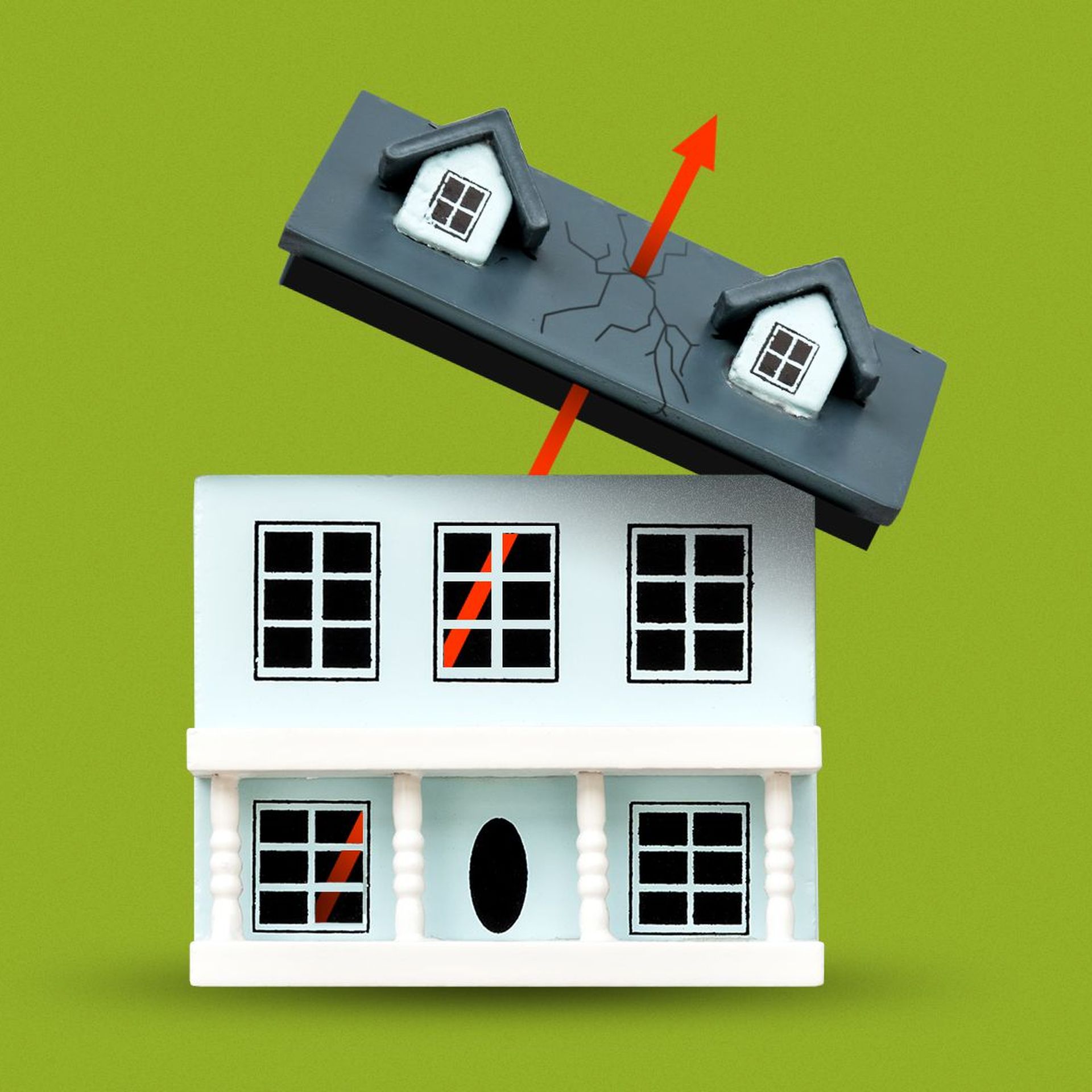 Illustration of a house's roof being taken off by a trend line soaring upward through the home