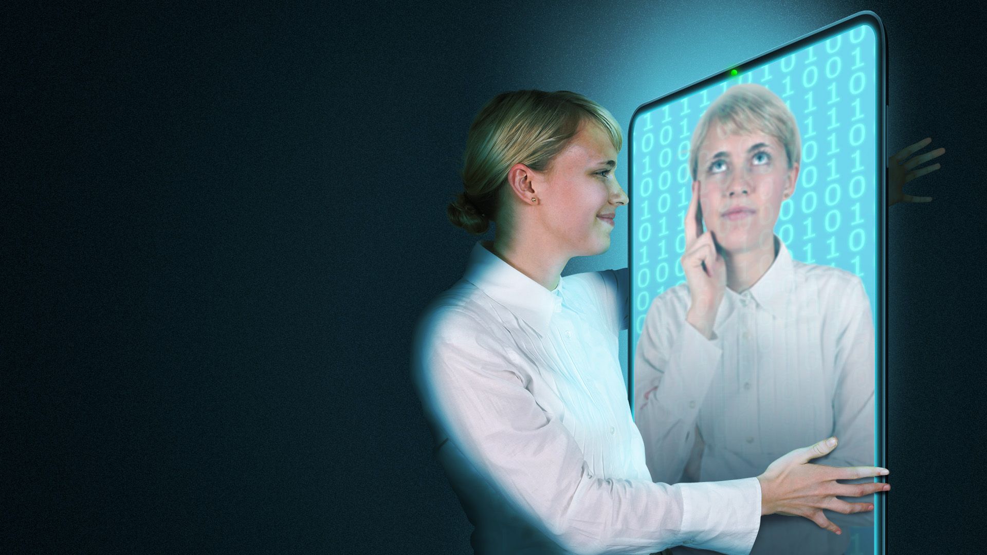Illustration of a woman embracing a screen with a version of herself looking concerned with binary code behind her