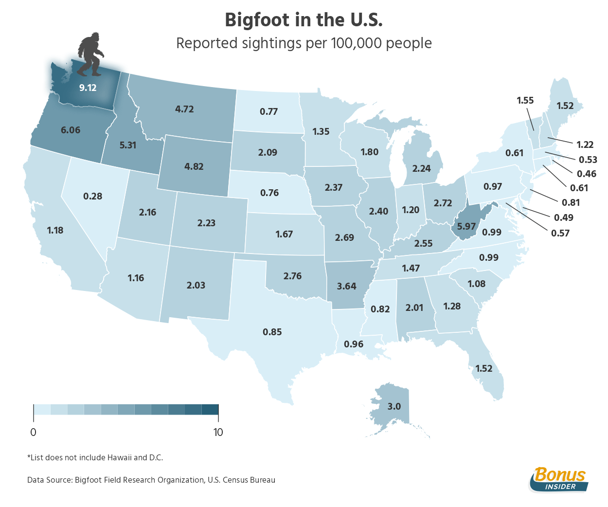 A map of the US showing where Bigfoot has been sighted. 
