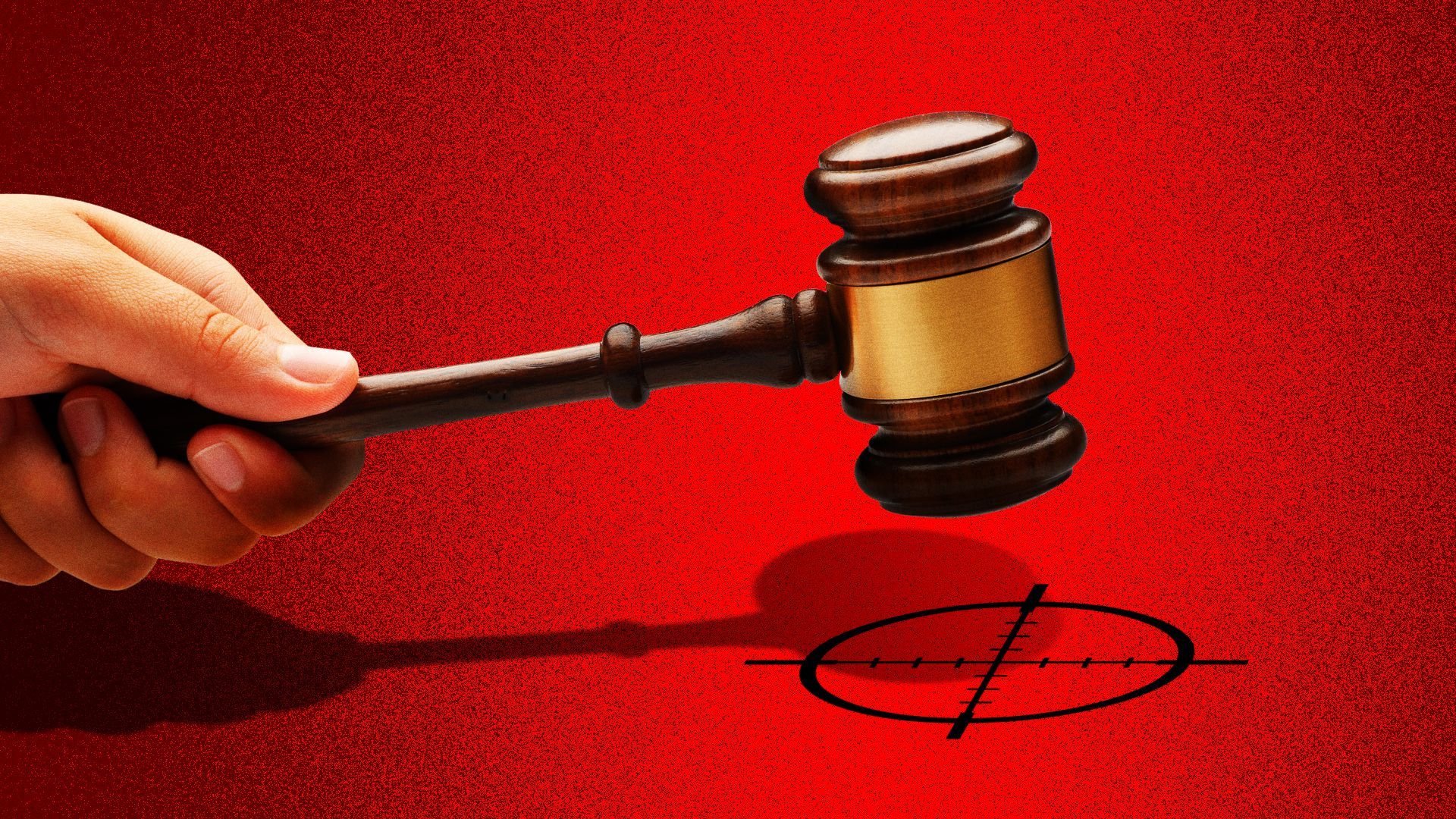 Illustration of a gavel coming down on crosshairs. 