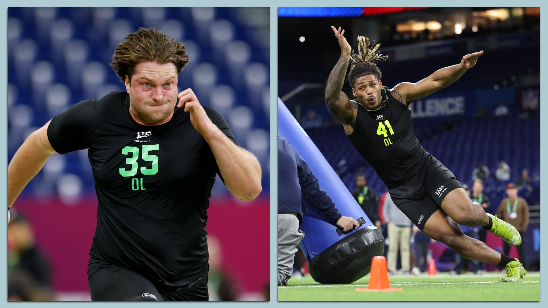 A pair of side-by-side photos of NFL draft propects working out at the NFL combine. The man on the left is running hard toward the camera, wearing black workout clothes. The man on the right is working around a tackling dummy with his arms extended.