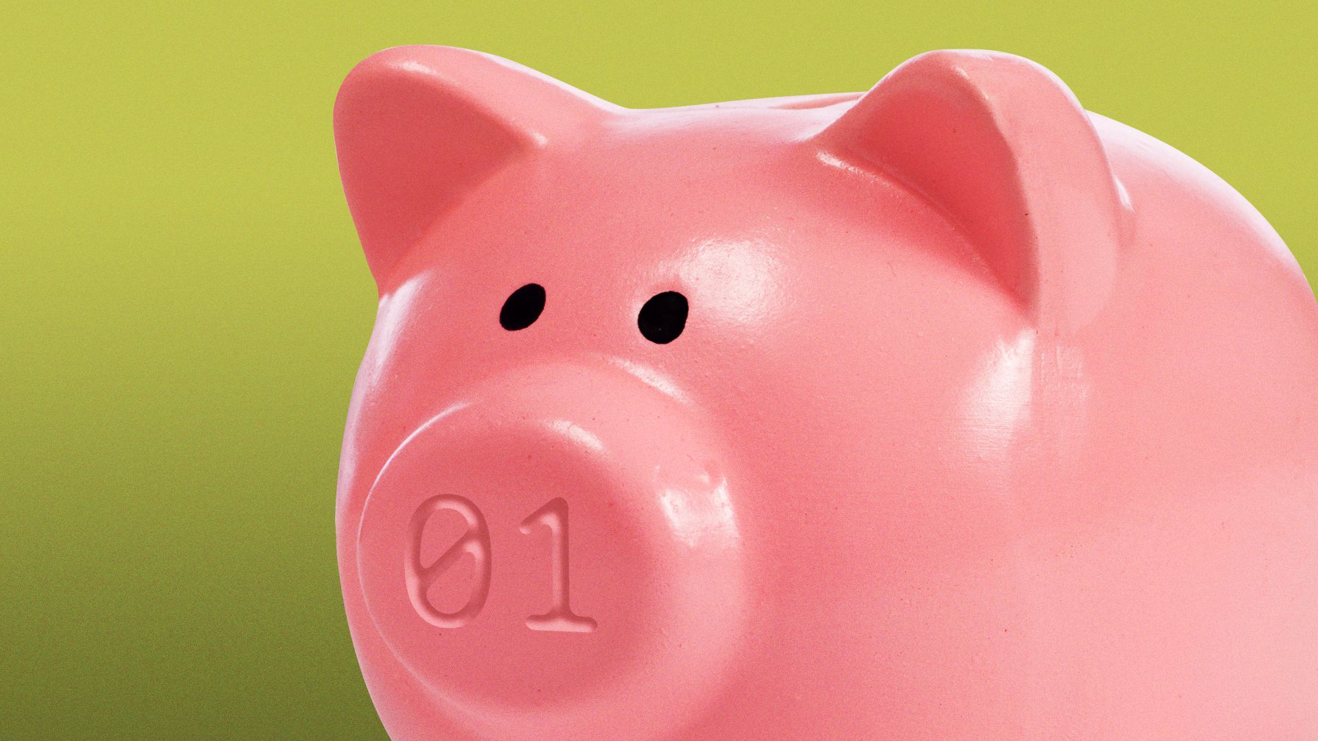 Illustration of a piggy bank, but the dots on its nose have been replaced with binary code 01.