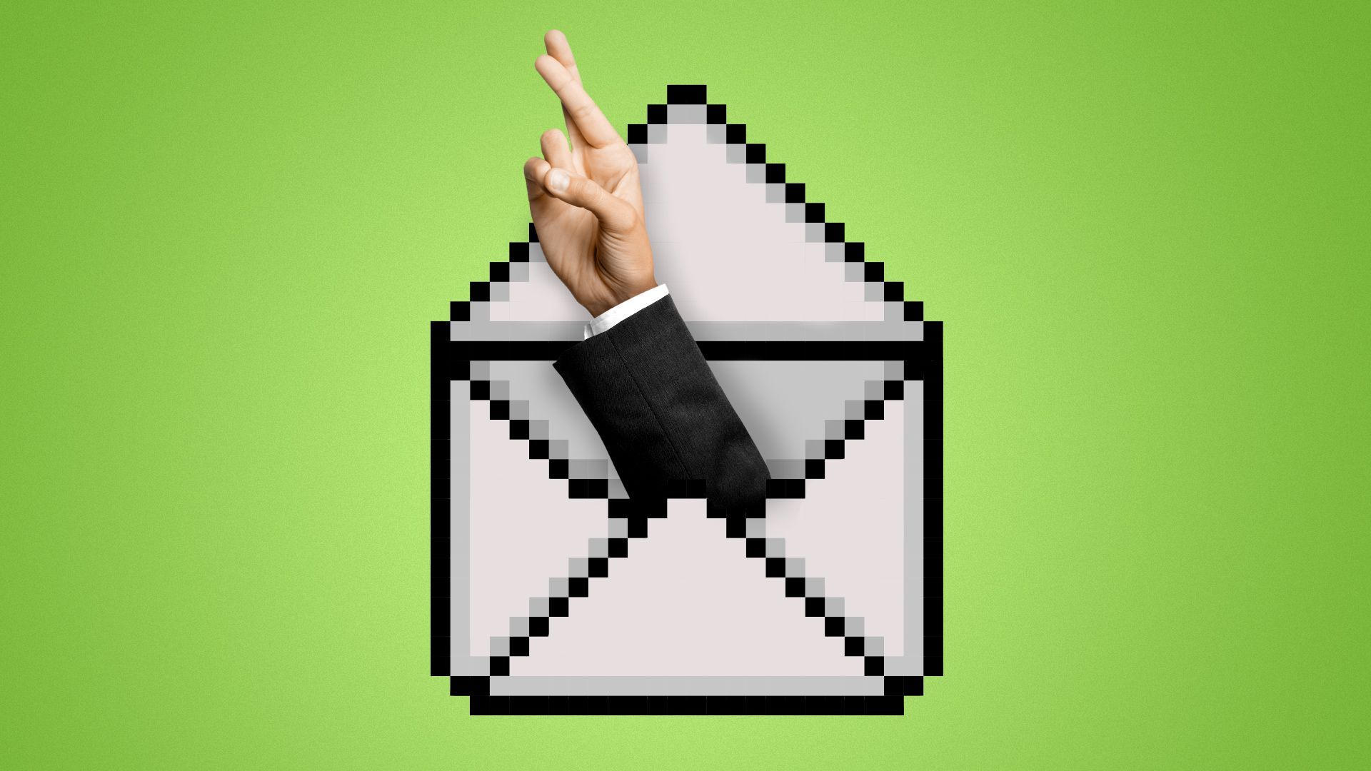 Illustration of an 8-bit envelope with a hand with crossed fingers coming out of it. 