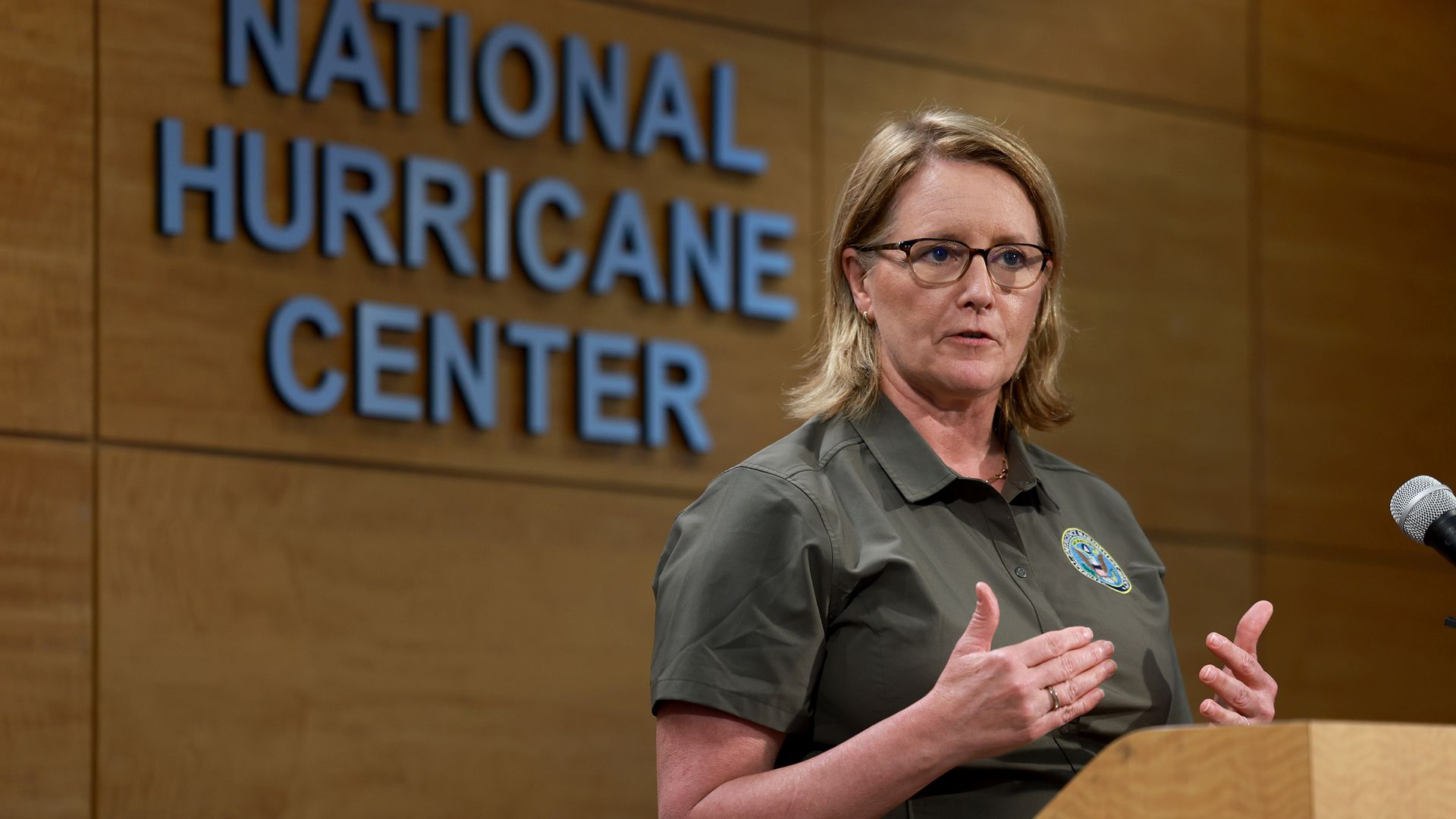 FEMA Administrator Deanne Criswell speaking at the National Hurricane Center in May 2023 in Miami, Florida.