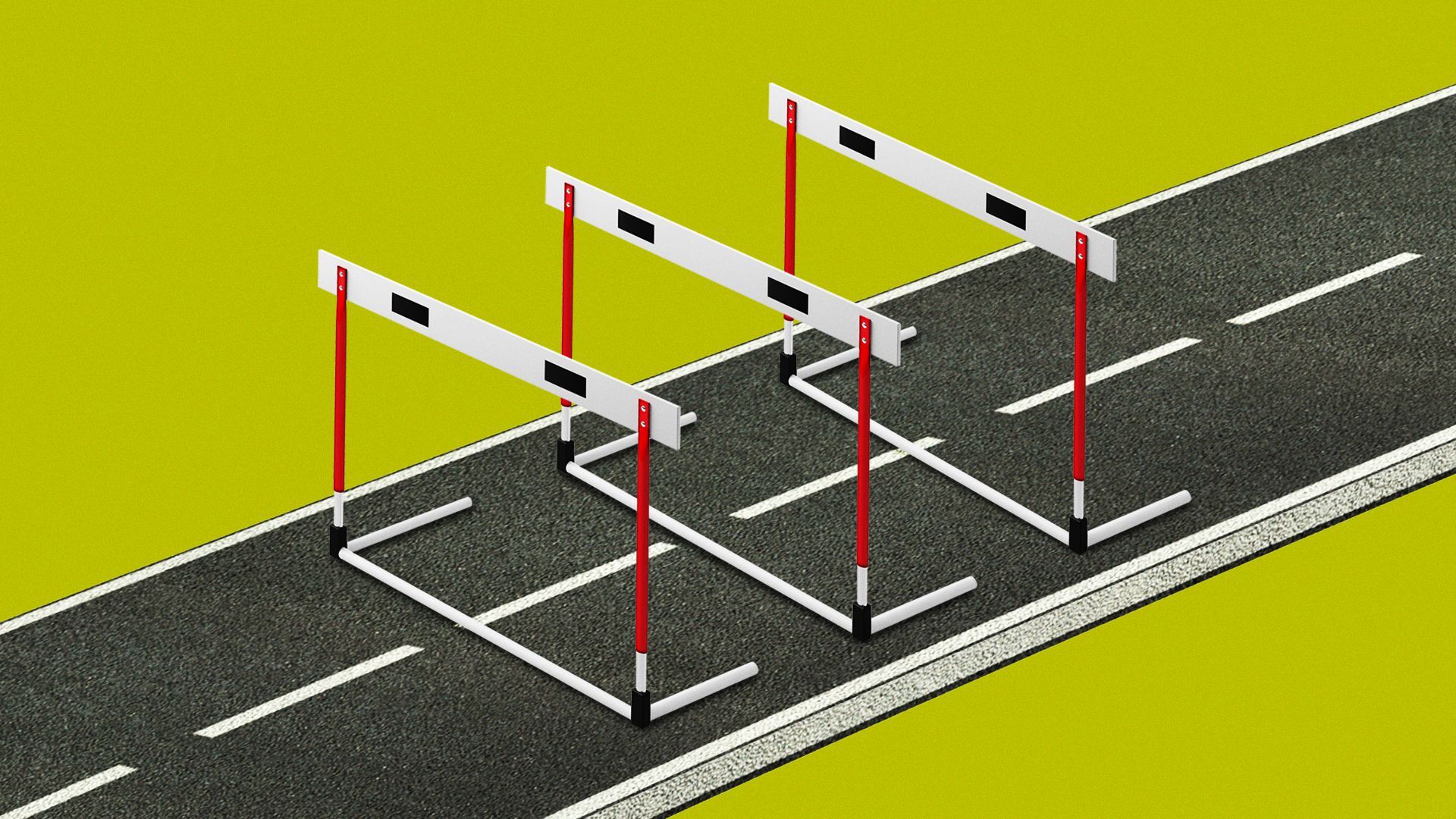 Illustration of a road with multiple track hurdles on a green background.