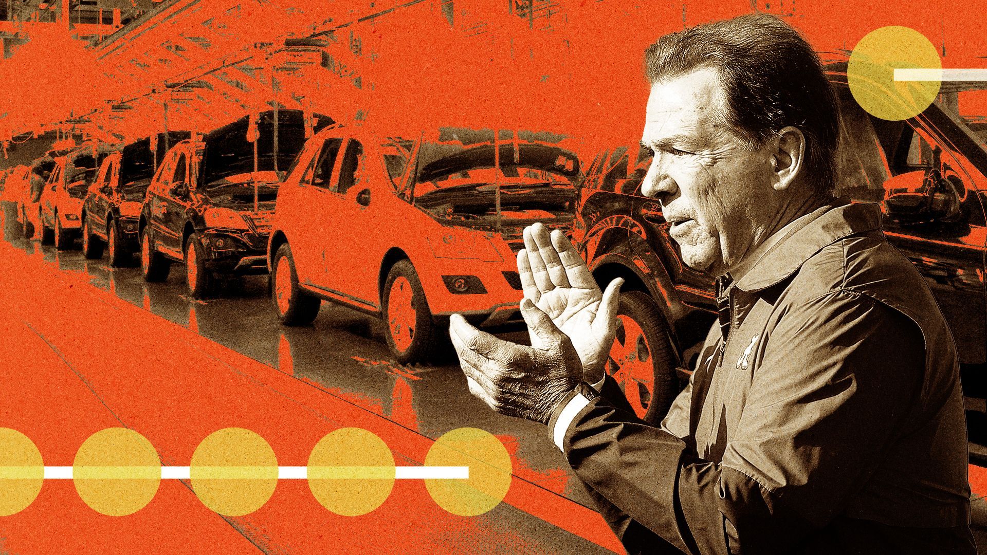 Photo illustration of a collage of Nick Saban with a row of cars behind him and abstract shapes.