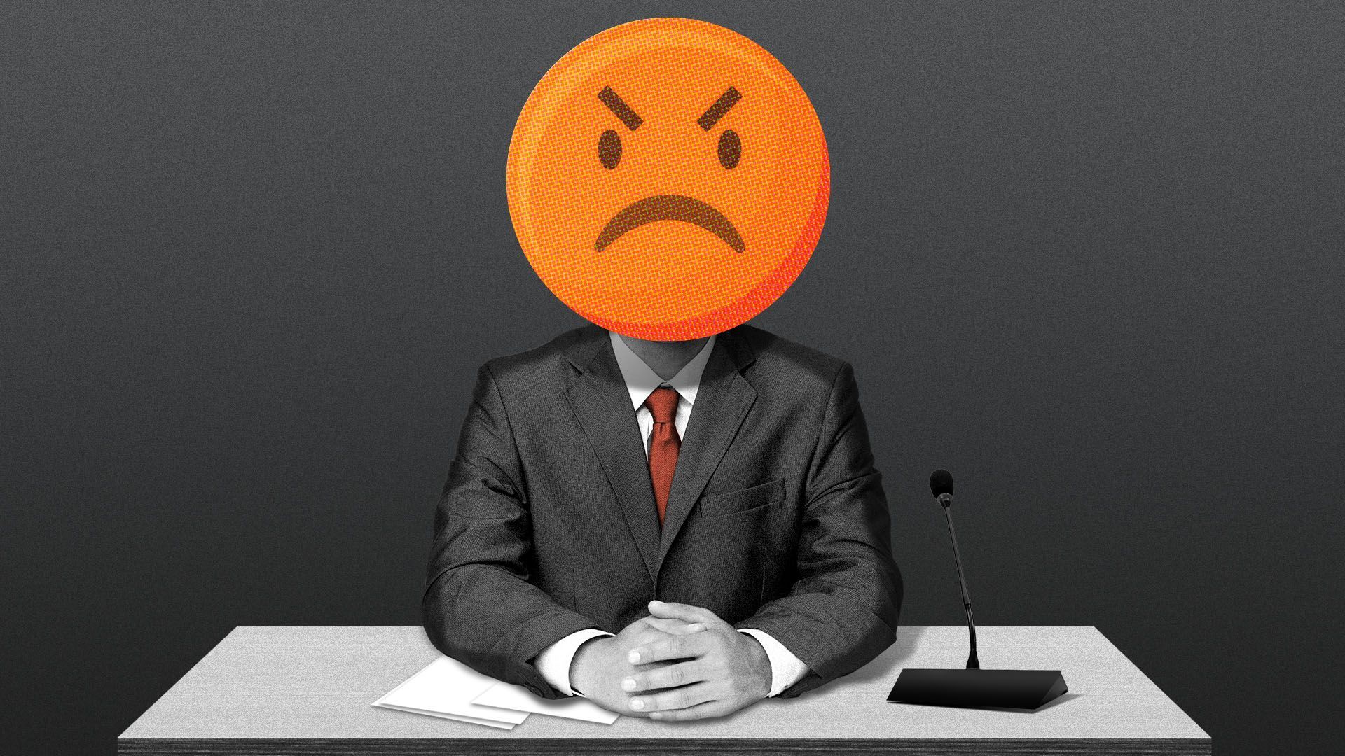 Illustration of a person testifying at a desk with an angry face emoji