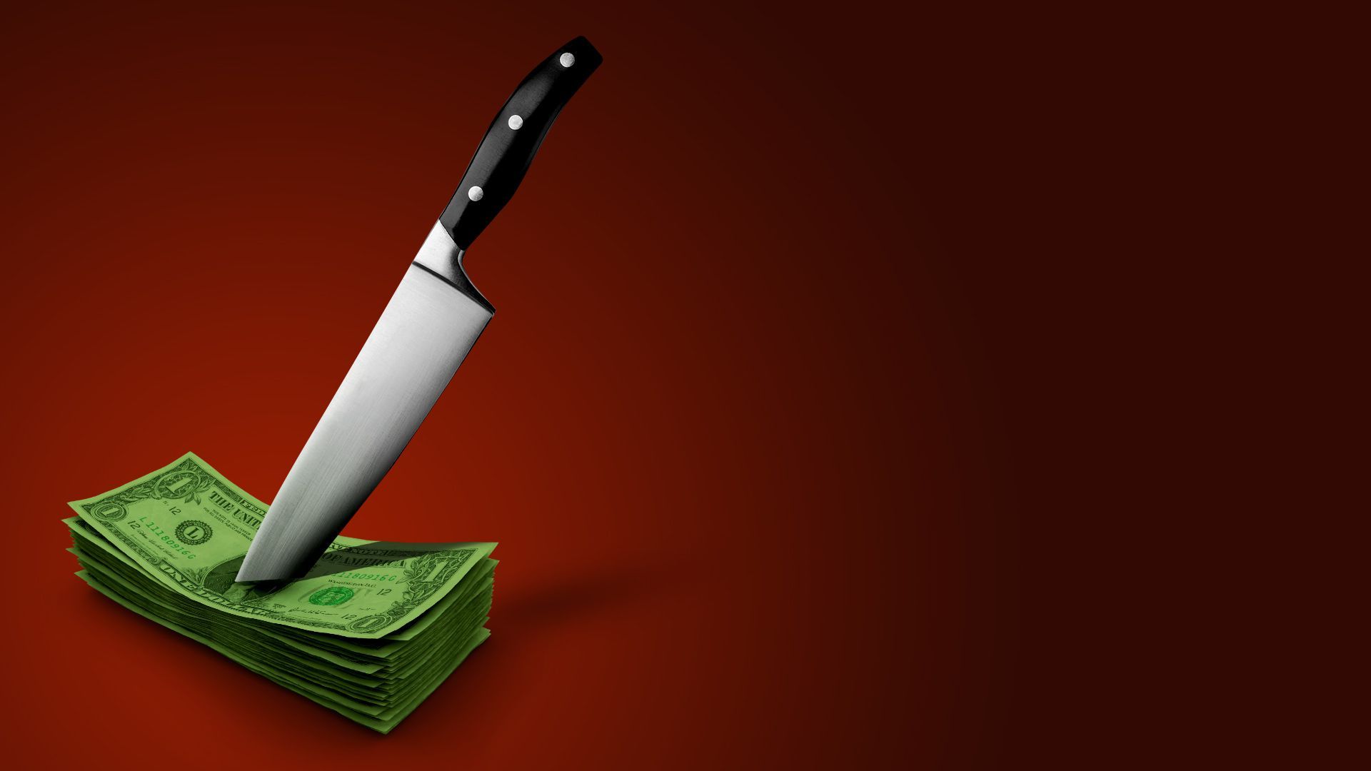 Illustration of a large knife stabbing a stack of bills.  