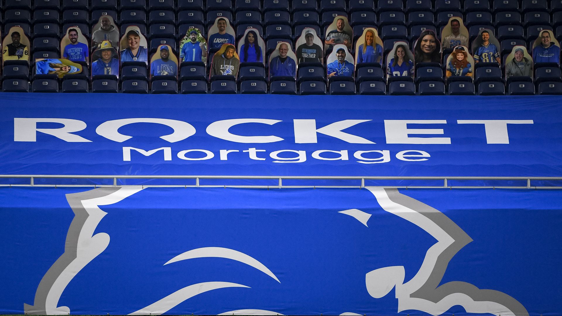 Logos for the Lions and Rocket Mortgage at Ford Field in 2020. 