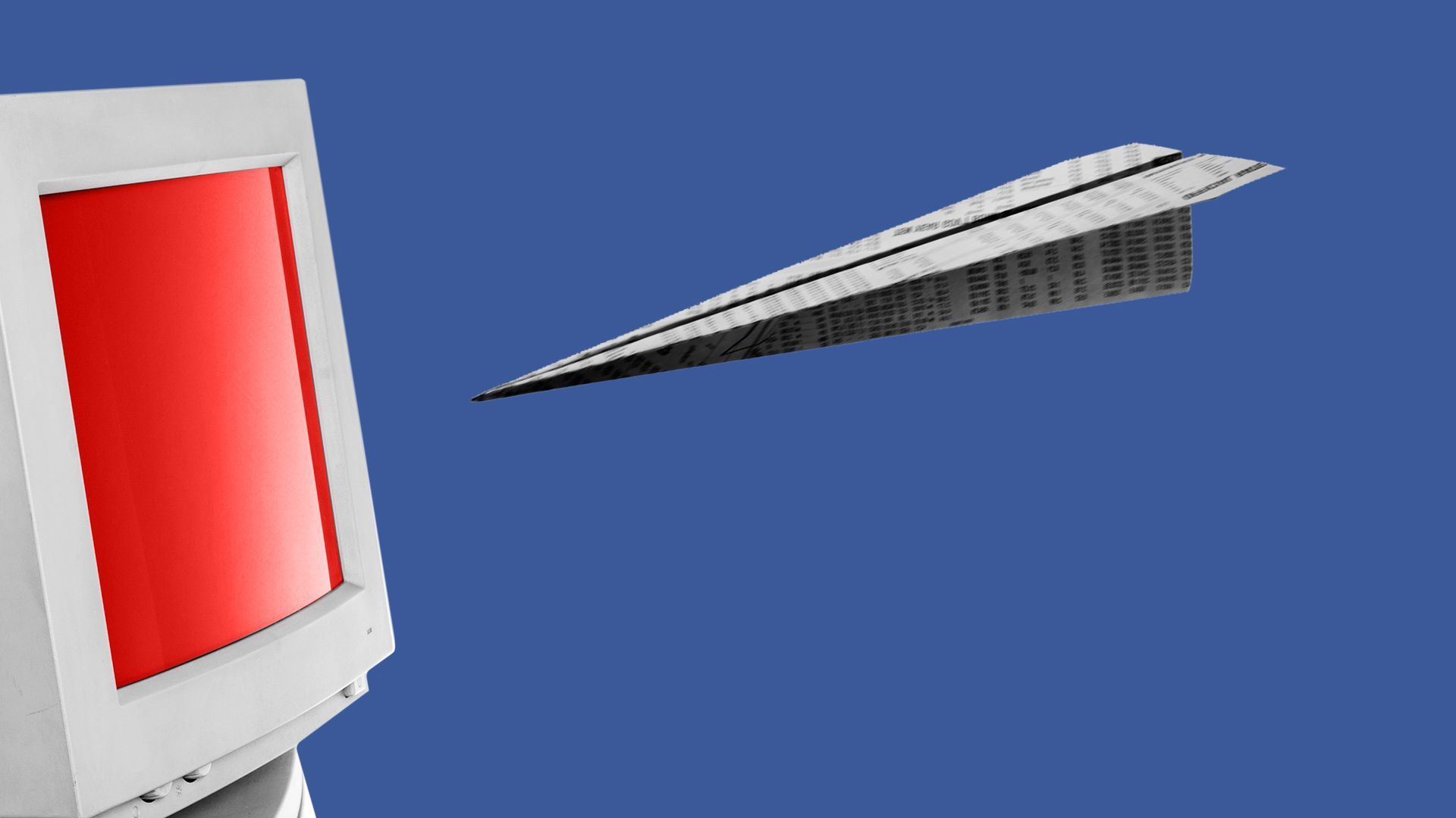 illustration of newspaper airplane flying into computer monitor