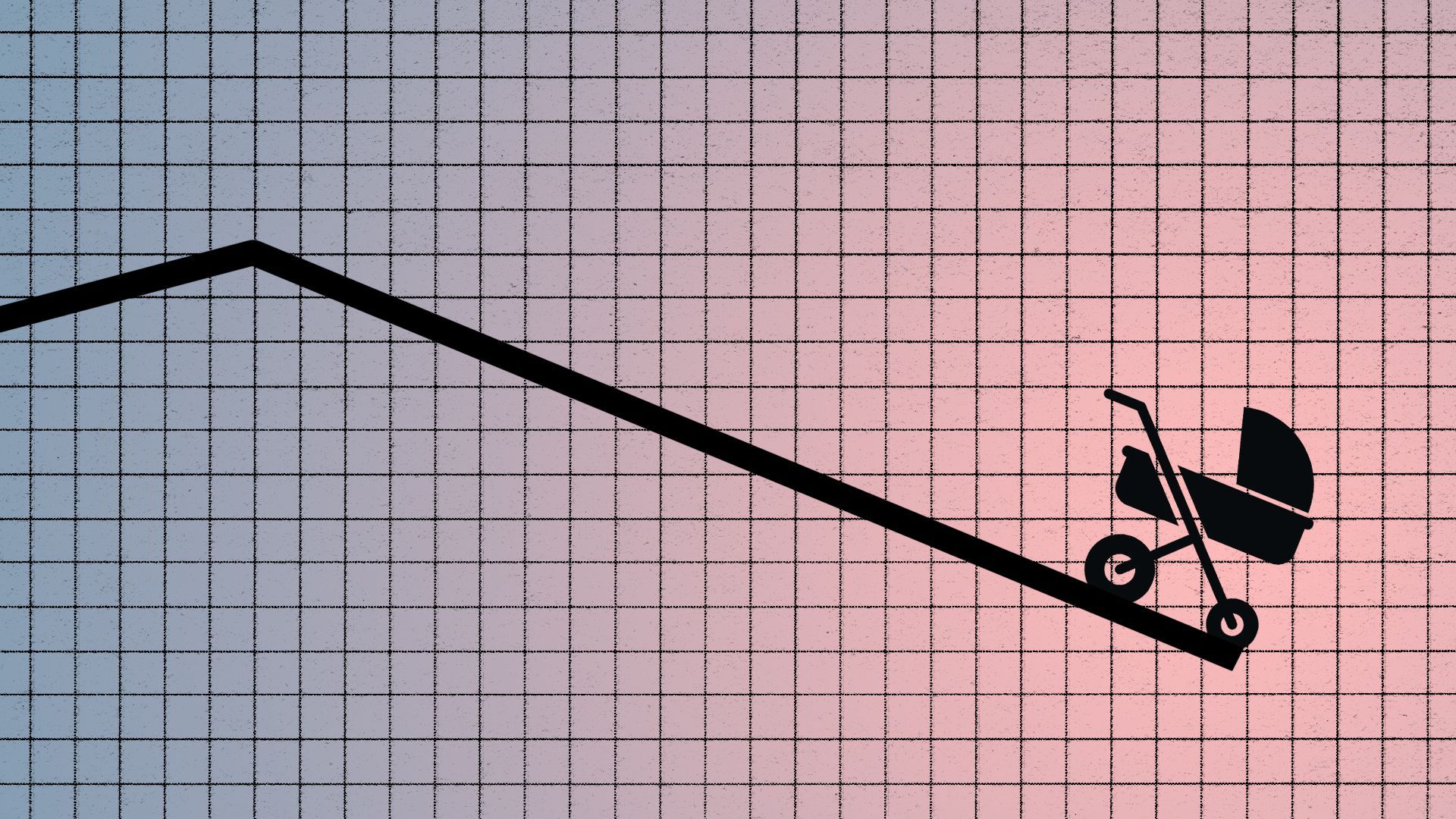 Illustration of a chart trending downward, with a baby stroller icon rolling down it.