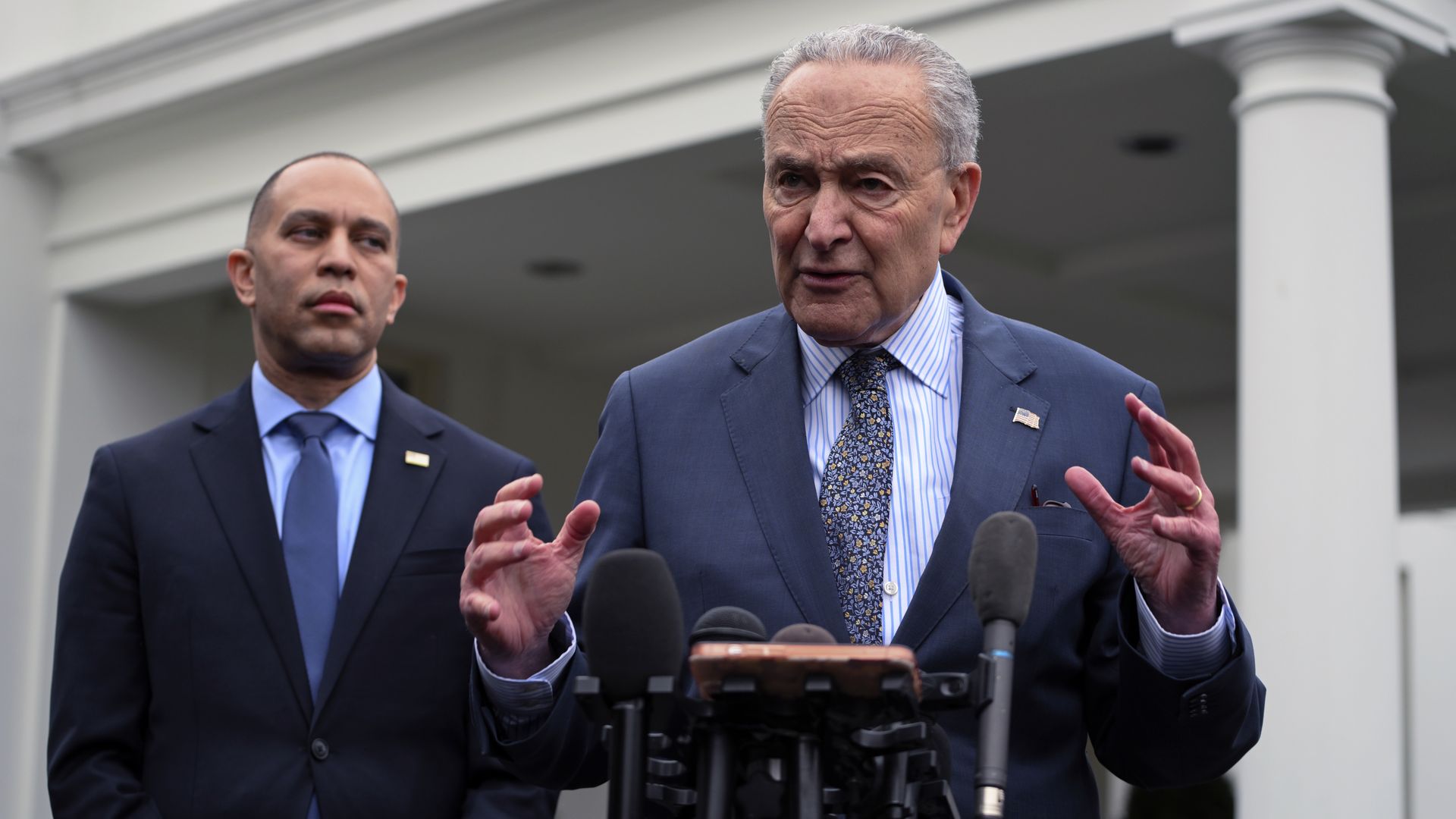  House Minority Leader Hakeem Jeffries (D-NY) (L) and Senate Majority Leader Chuck Schumer (D-NY) delivers remarks to the press after meeting with U.S. President Joe Biden, Vice President Kamala Harris, and Senate Minority Leader Mitch McConnell (R-KY) and House Speaker Mike Johnson (R-LA)