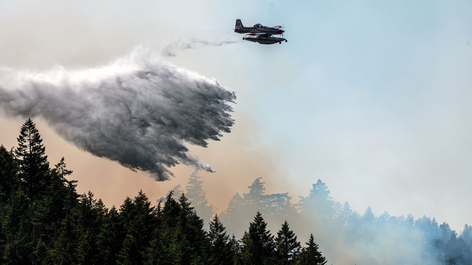 A plane sprays water on a burning forest in Canada, with smoke billowing from the fire.
