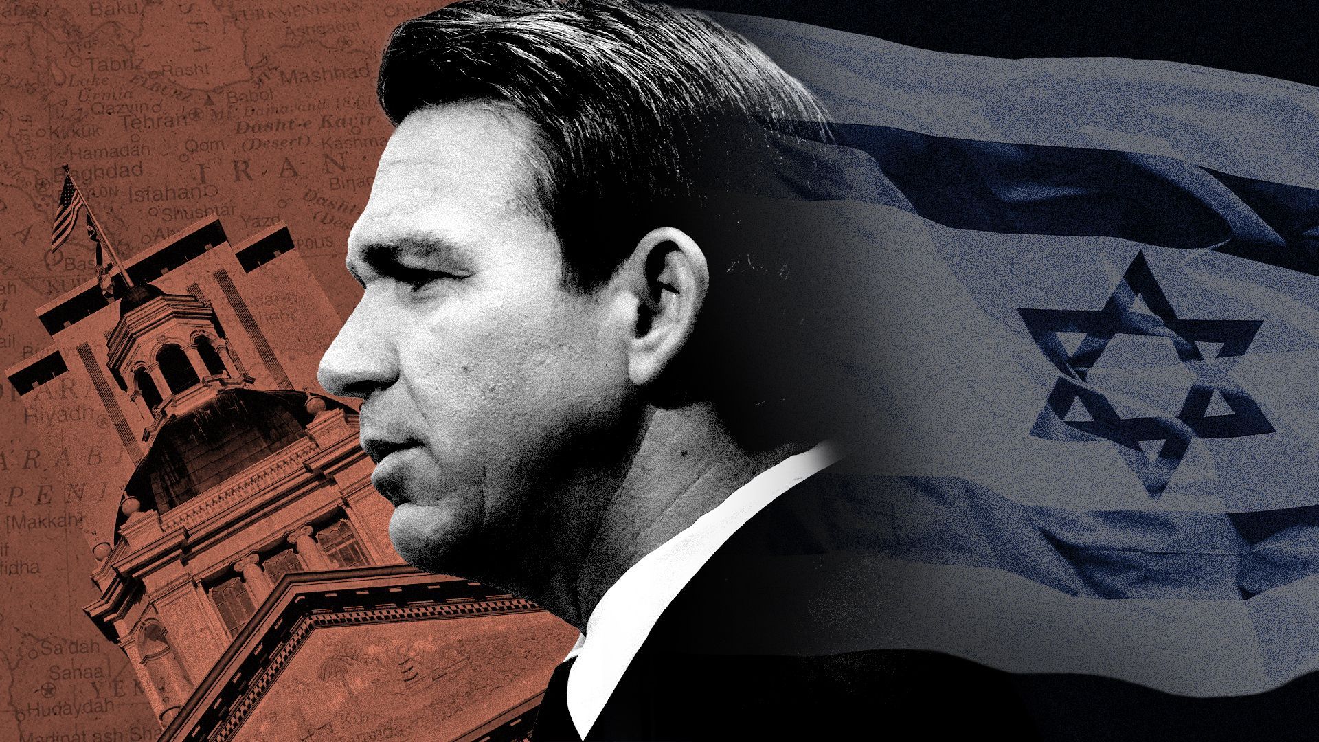 Photo illustration of Ron DeSantis flanked by the Israel flag, the Florida capitol building and a map of the Middle East.