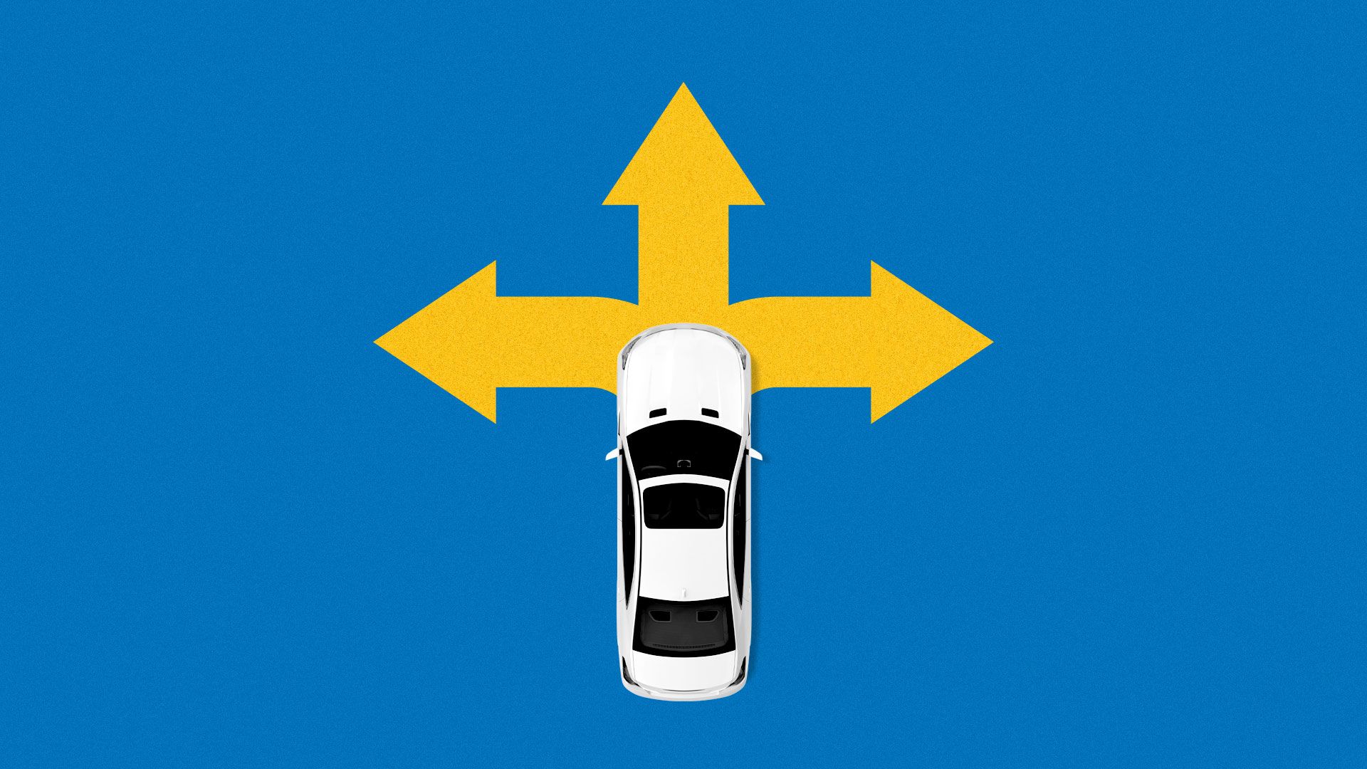 Illustration of car on a three-way street sign.
