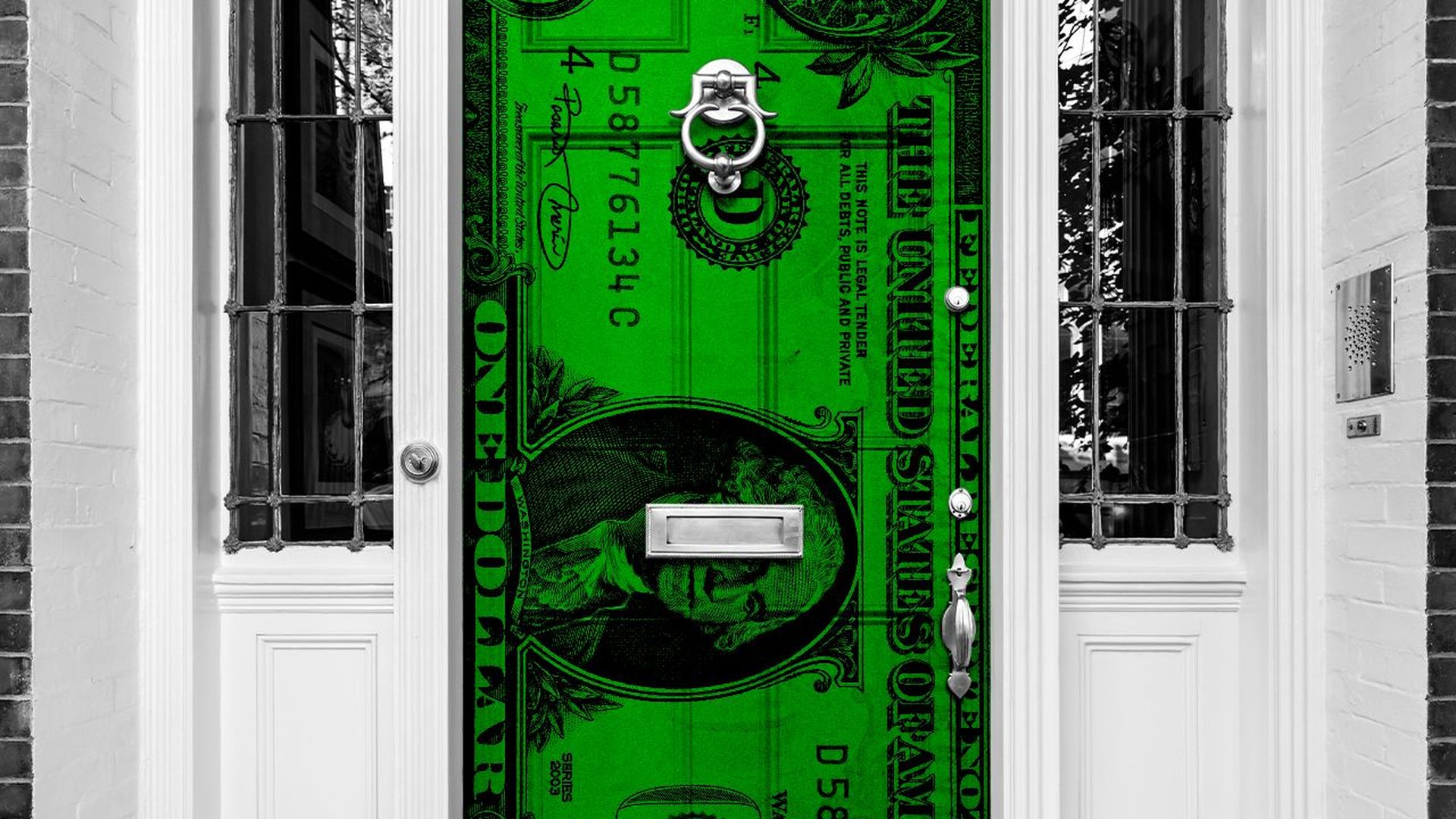Illustration of a front door with a dollar texture