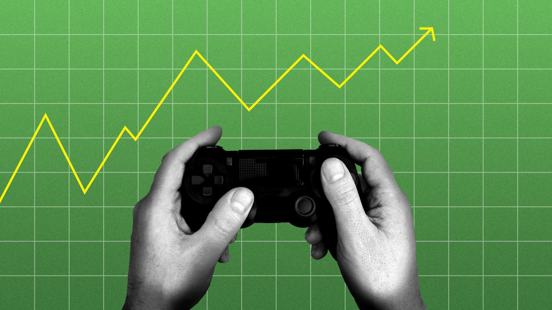 Illustration of a hand playing a video game controller with a line graph in the background