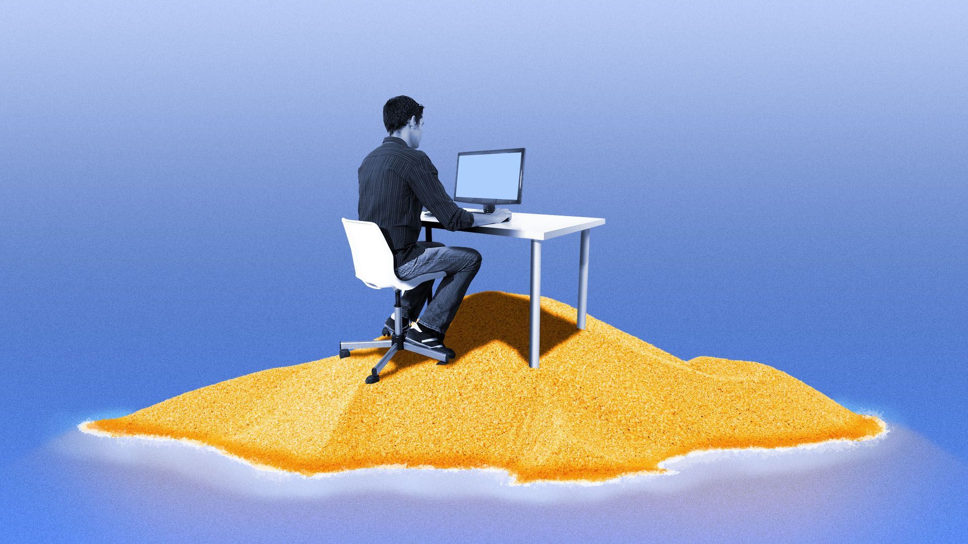 Illustration of a person working at a desk in the middle of a island