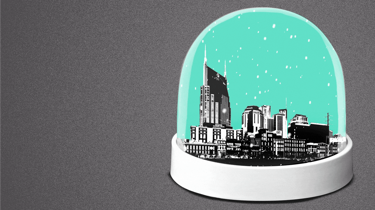 Illustration of a snow globe with the Nashville skyline in it.