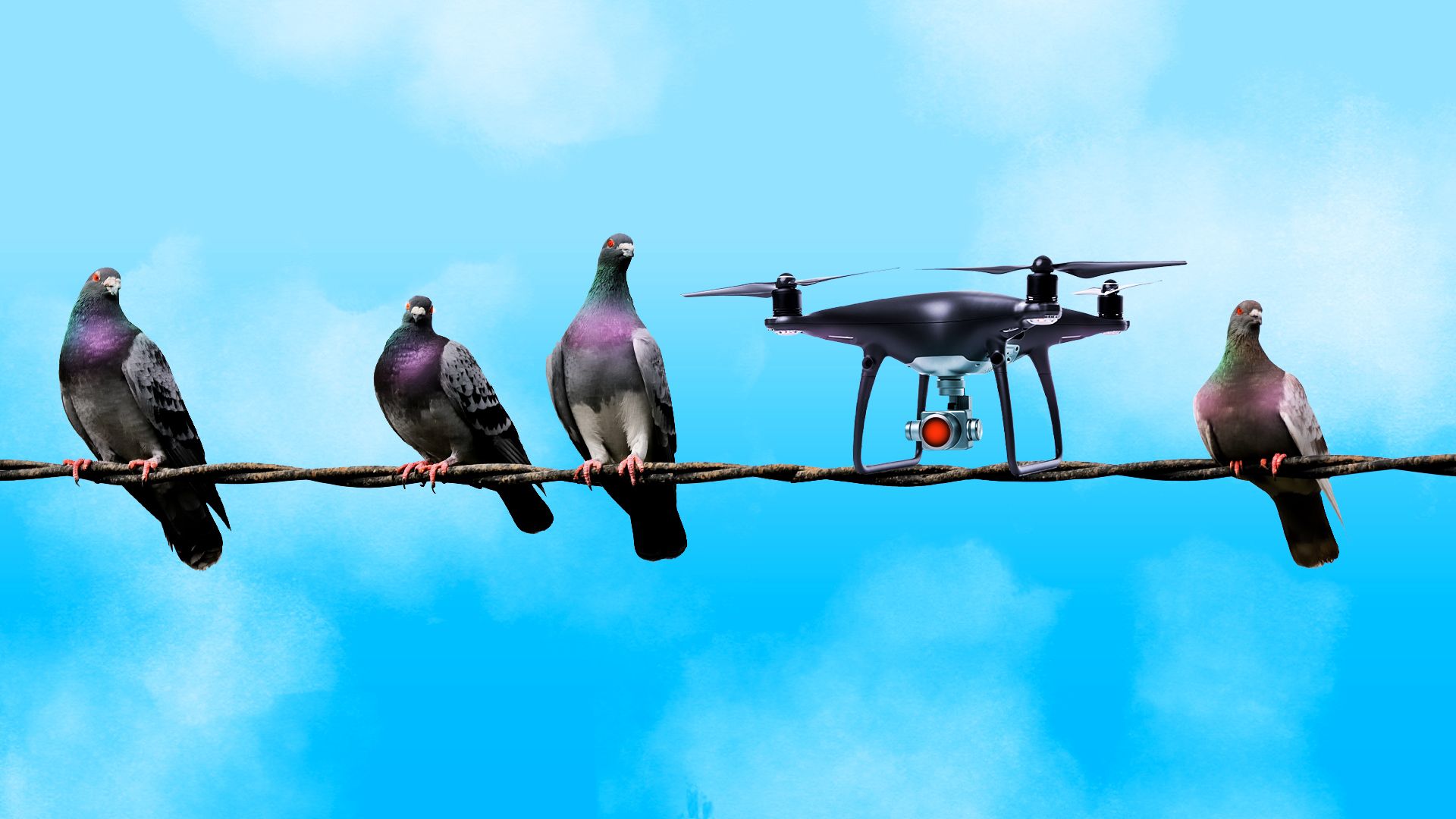 Illustration of a flock of pigeons on a wire along with a single drone nestled in between a couple of the birds.